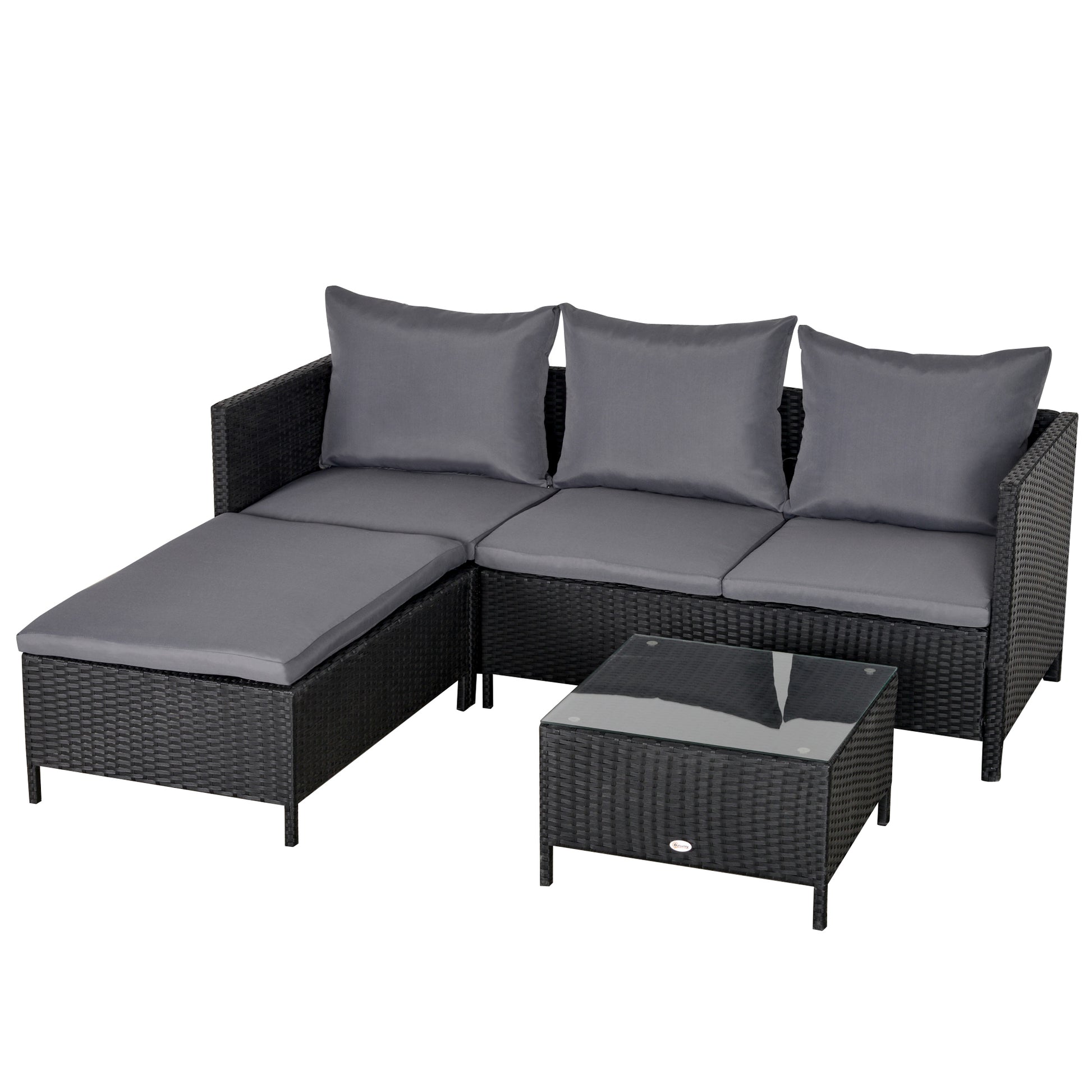 Outsunny Conjunto de Muebles de Jardín 4 Piezas Ratán Doble Sofá Mesa de Café Taburete con Cojines Acolchados para Exteriores Marco de Metal Negro