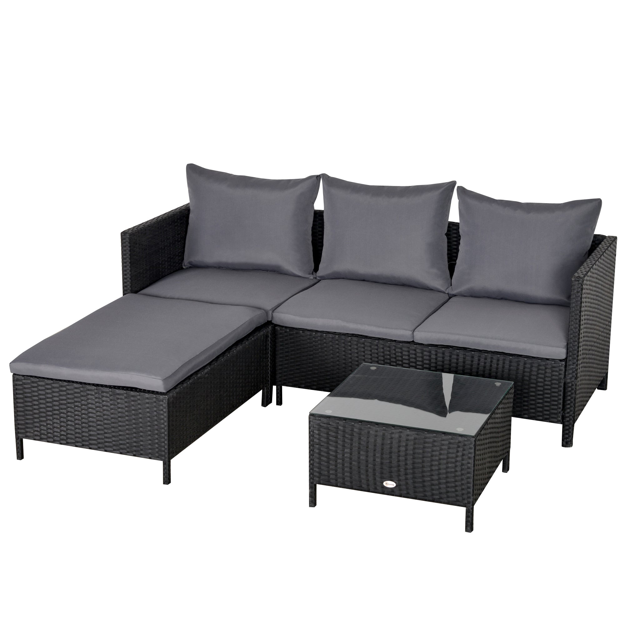 Outsunny Conjunto de Muebles de Jardín 4 Piezas Ratán Doble Sofá Mesa de Café Taburete con Cojines Acolchados para Exteriores Marco de Metal Negro