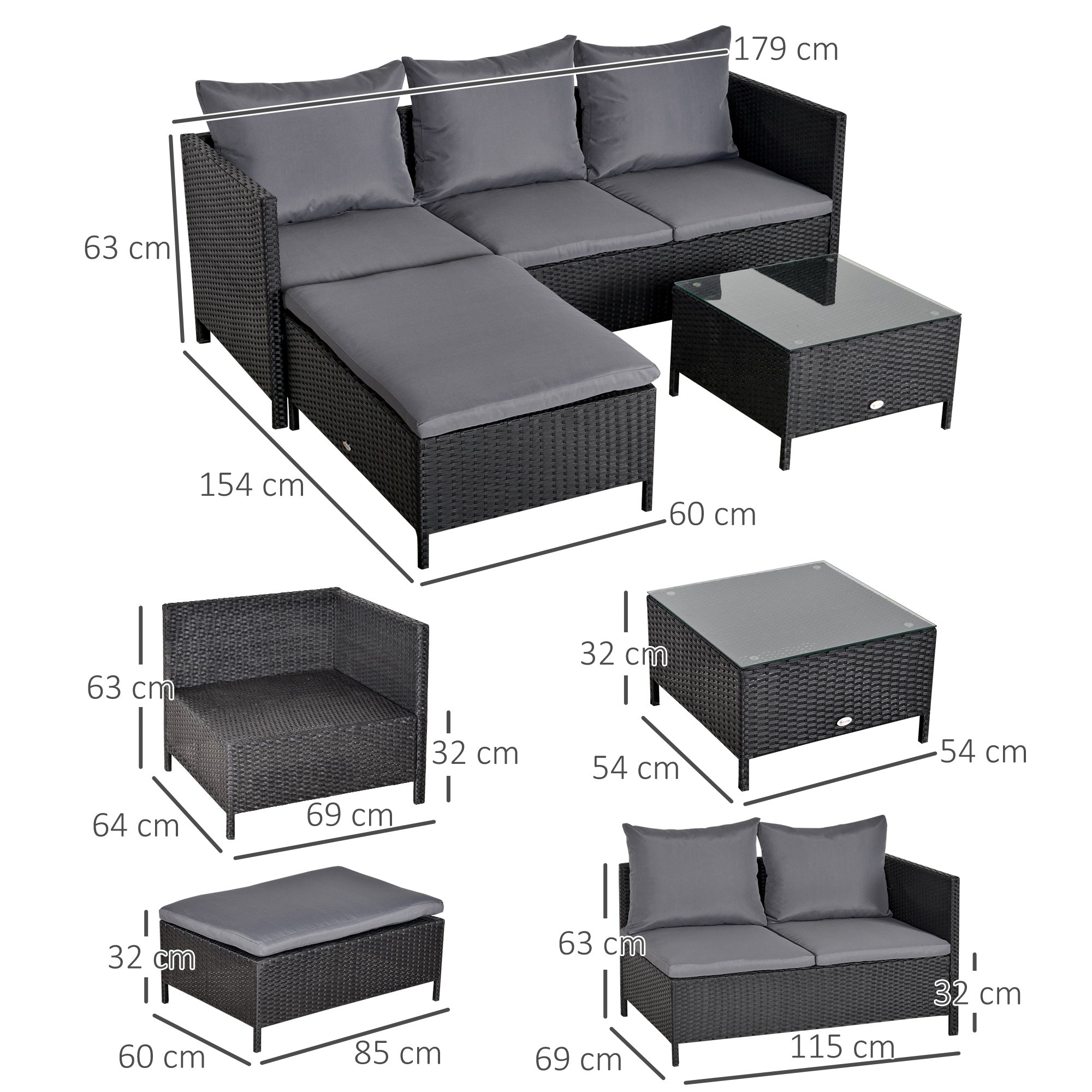 Outsunny Conjunto de Muebles de Jardín 4 Piezas Ratán Doble Sofá Mesa de Café Taburete con Cojines Acolchados para Exteriores Marco de Metal Negro