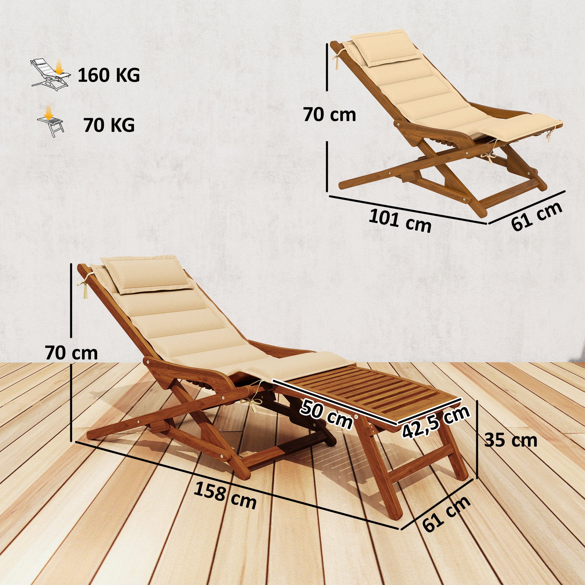 Outsunny Tumbona Silla Plegable de Madera de Acacia, Silla de Jardín Exterior con Reposapiés Desmontable y Cojín con Reposacabezas, Carga 160 kg, para Terraza, Patio, Playa, 158x61x70 cm, Beige