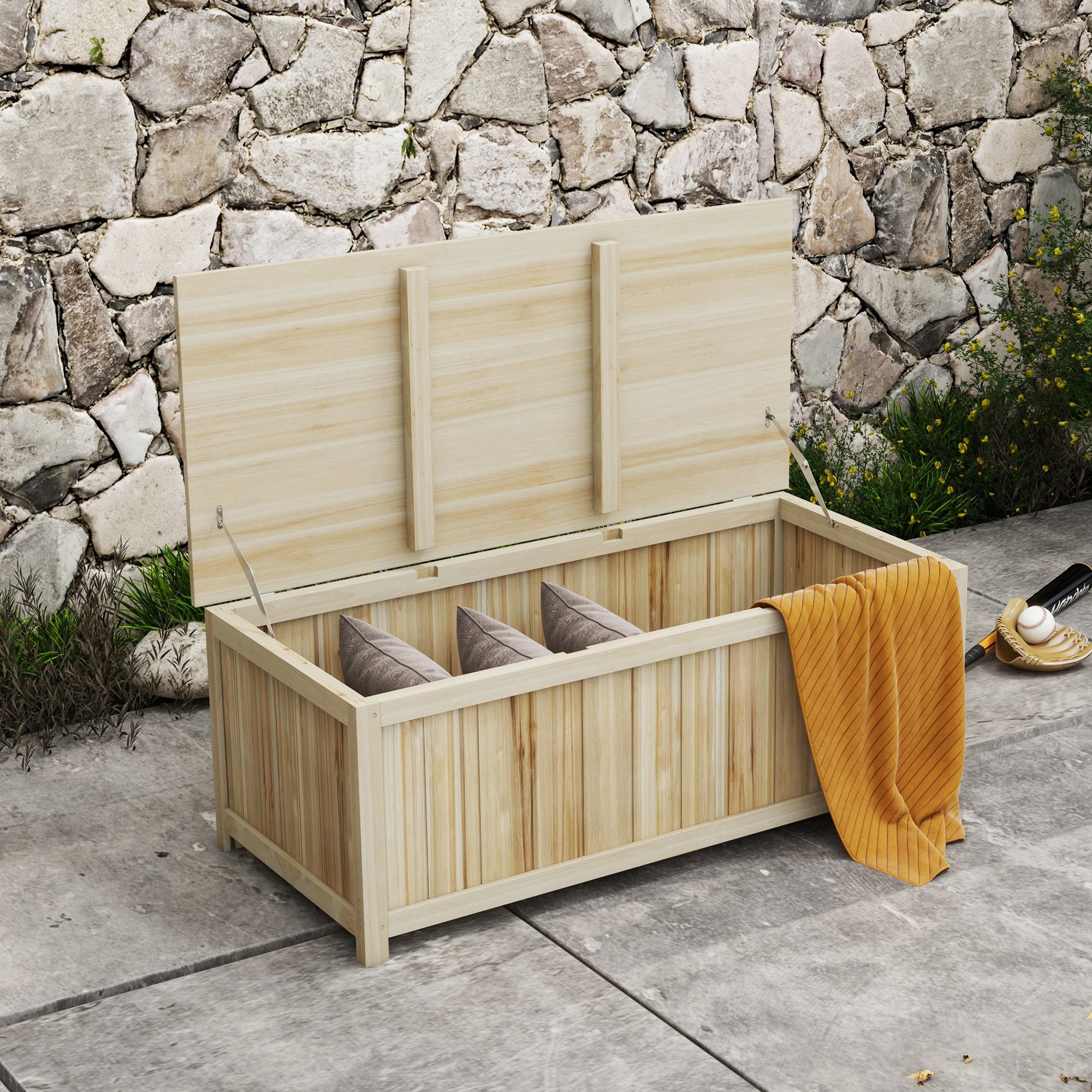 Outsunny Arcón Exterior de Madera, 172 L, Baúl Almacenaje Exterior con Tapa Abatible, Resistente a la Intemperie, para Jardín, Terraza, Patio, 120x55x45 cm, Madera Natural