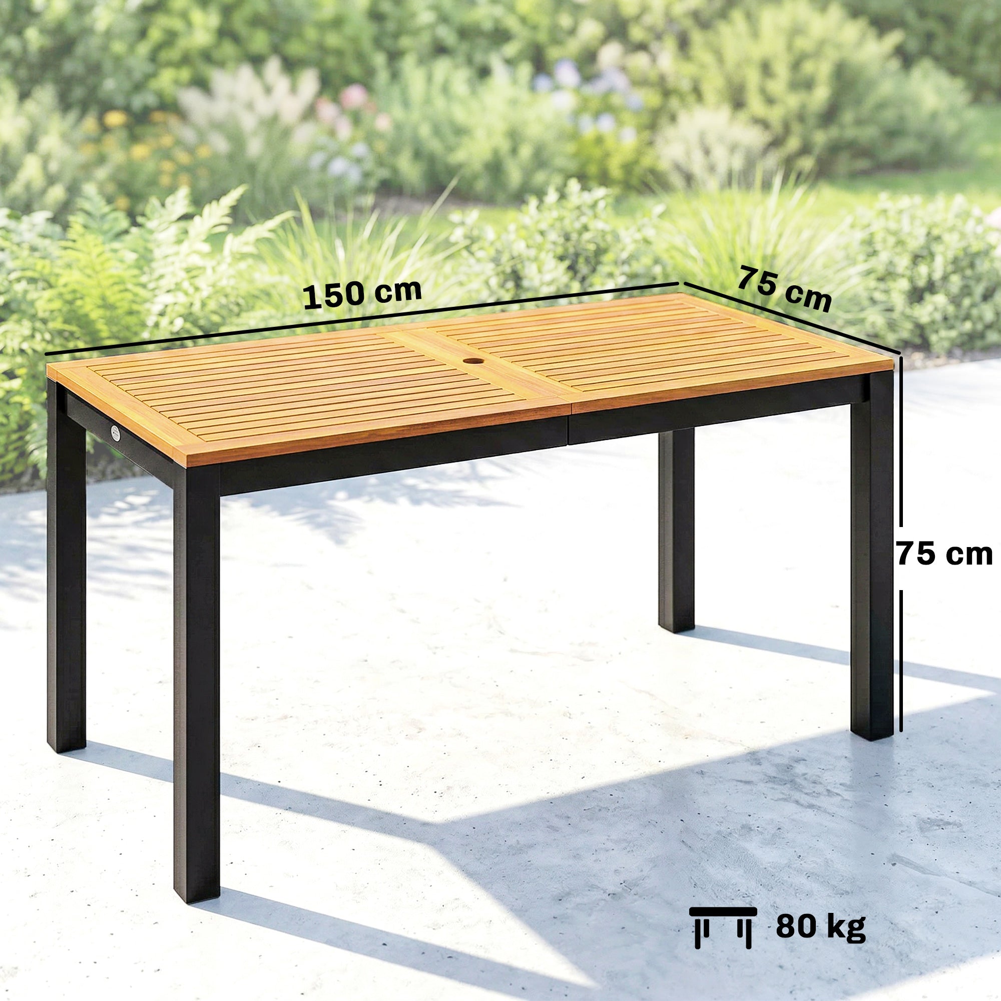 Outsunny Mesa de Comedor de Jardín de Madera de Acacia, Mesa de Terraza Exterior Rectangular 150x75x75 cm con Tablero de Listones, Orificio Sombrilla para 6 Personas, Carga 80 kg, para Patio, Natural