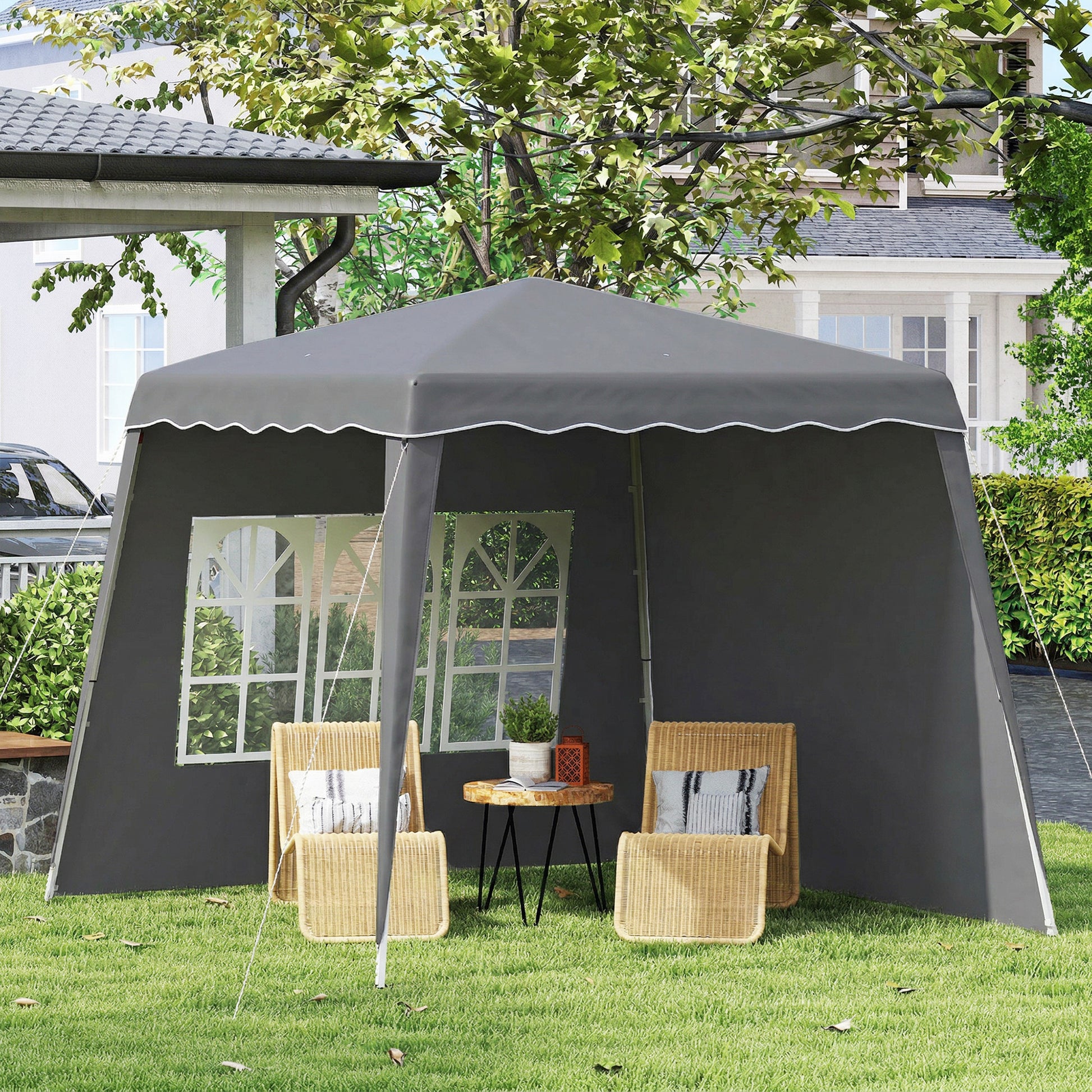 Outsunny Carpa Plegable Pop-up 3x3 m Cenador Pabellón de Jardín con 2 Paredes Laterales Altura Ajustable y Bolsa de Transporte Protección UV50+ Impermeable Gazebo para Camping Fiestas Exterior Gris