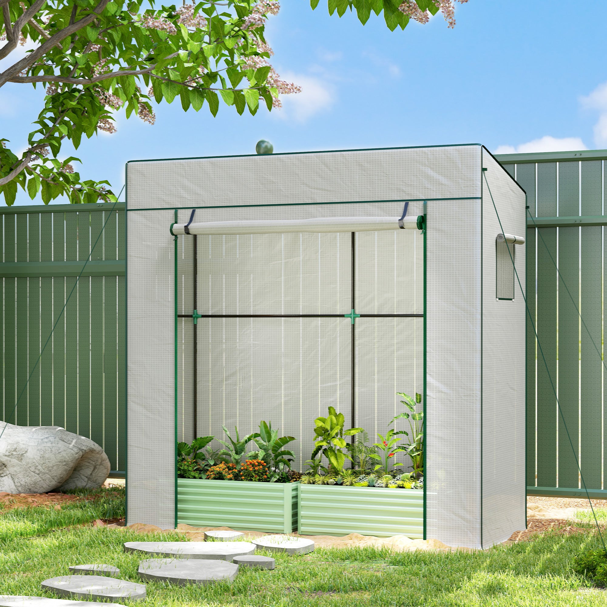 Outsunny Invernadero Pequeño Invernadero de Exterior con Ventanas de Malla y Puerta con Cremallera Marco de Acero y Cubierta de PE 140g/m² para Cultivar Tomates Plantas Flores 196x77x197 cm Blanco