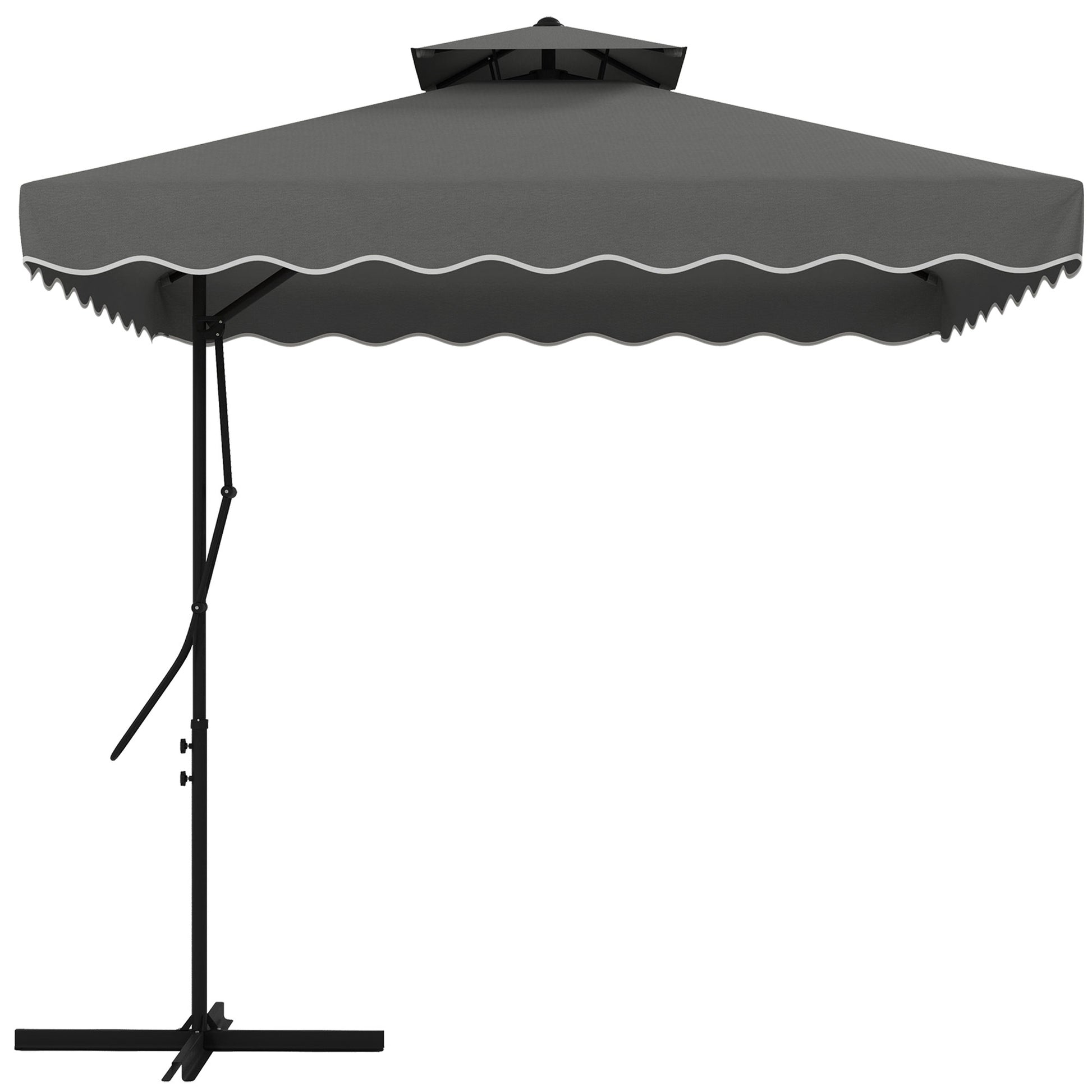 Outsunny Sombrilla Terraza Exterior de 2,5 m Sombrilla Voladiza con Manivela Techo Doble con Borde Ondulado y Base Cruzada Parasol de Jardín para Exterior Patio Terraza Gris Oscuro