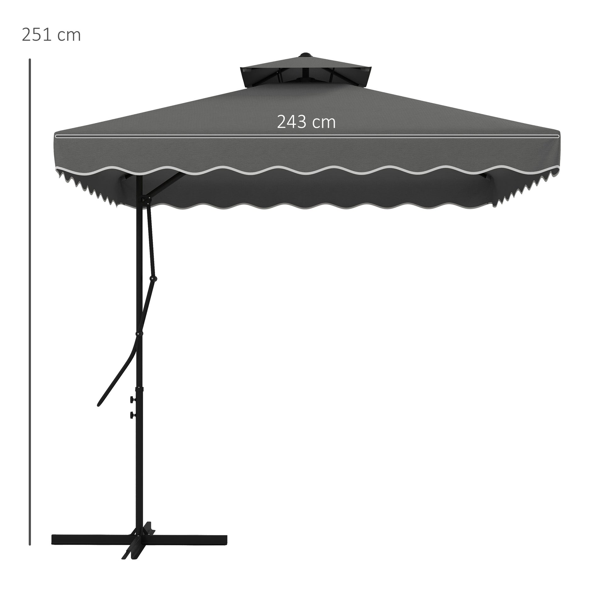 Outsunny Sombrilla Terraza Exterior de 2,5 m Sombrilla Voladiza con Manivela Techo Doble con Borde Ondulado y Base Cruzada Parasol de Jardín para Exterior Patio Terraza Gris Oscuro