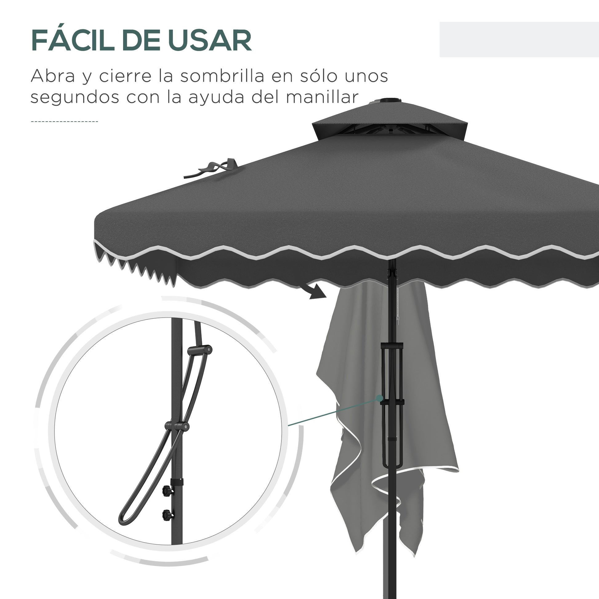 Outsunny Sombrilla Terraza Exterior de 2,5 m Sombrilla Voladiza con Manivela Techo Doble con Borde Ondulado y Base Cruzada Parasol de Jardín para Exterior Patio Terraza Gris Oscuro