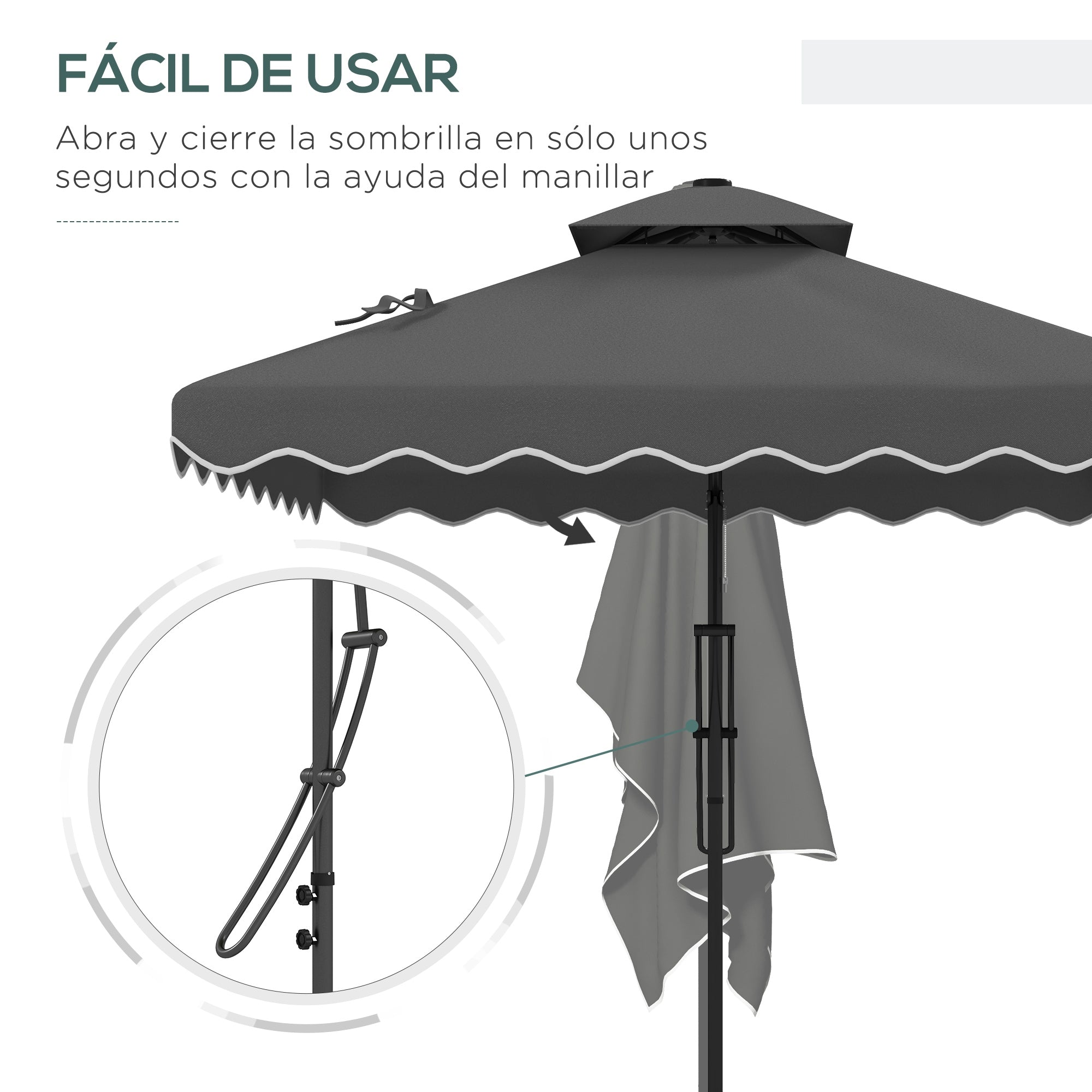 Outsunny Sombrilla Terraza Exterior de 2,5 m Sombrilla Voladiza con Manivela Techo Doble con Borde Ondulado y Base Cruzada Parasol de Jardín para Exterior Patio Terraza Gris Oscuro