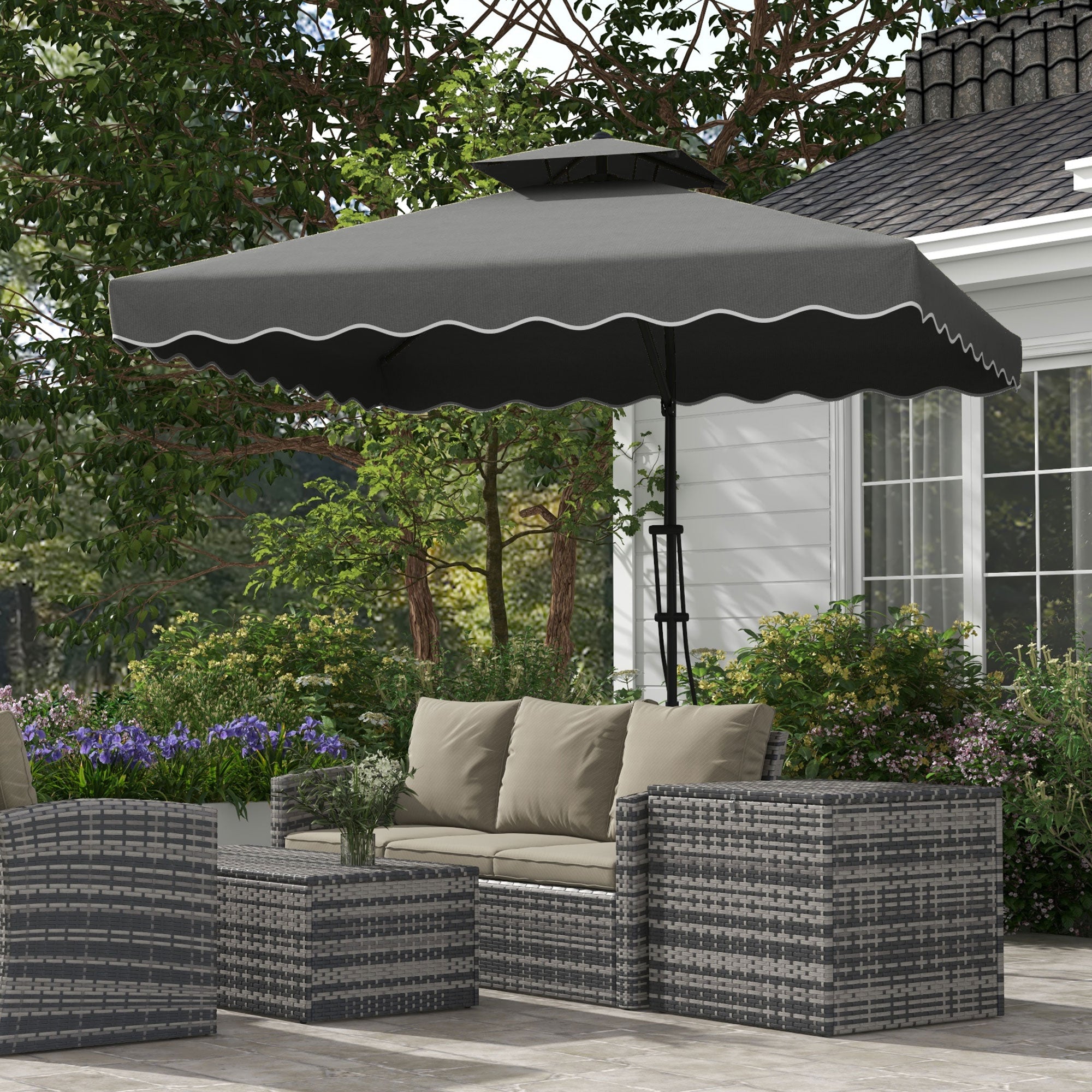 Outsunny Sombrilla Terraza Exterior de 2,5 m Sombrilla Voladiza con Manivela Techo Doble con Borde Ondulado y Base Cruzada Parasol de Jardín para Exterior Patio Terraza Gris Oscuro
