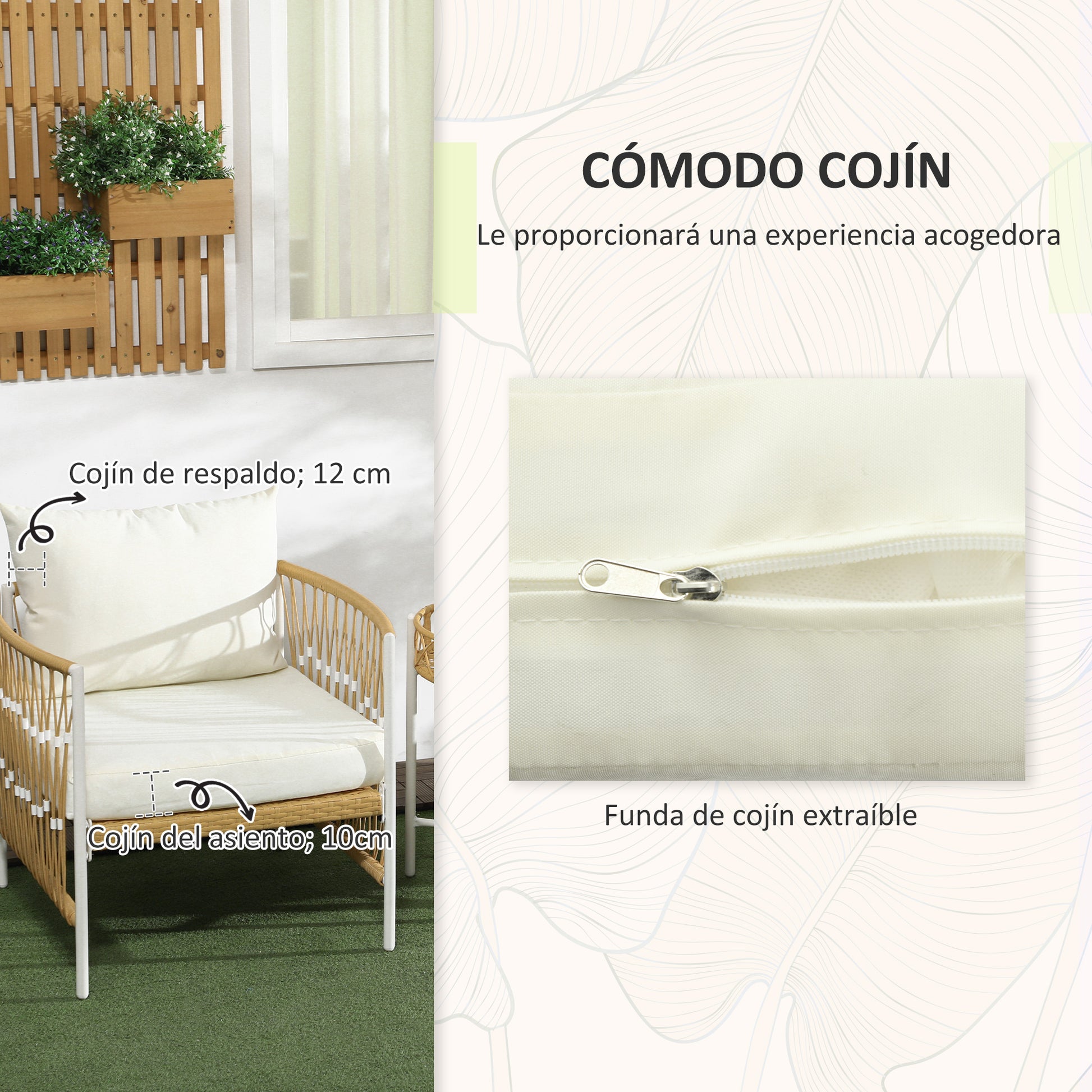 Outsunny Conjunto Jardín Exterior de 3 Piezas, Muebles de Jardín con 2 Sillas, Mesa de Ratán, Cojines Acolchados, Fundas Extraíbles y Marco de Acero, Resistente a la Intemperie, para Balcón, Crema