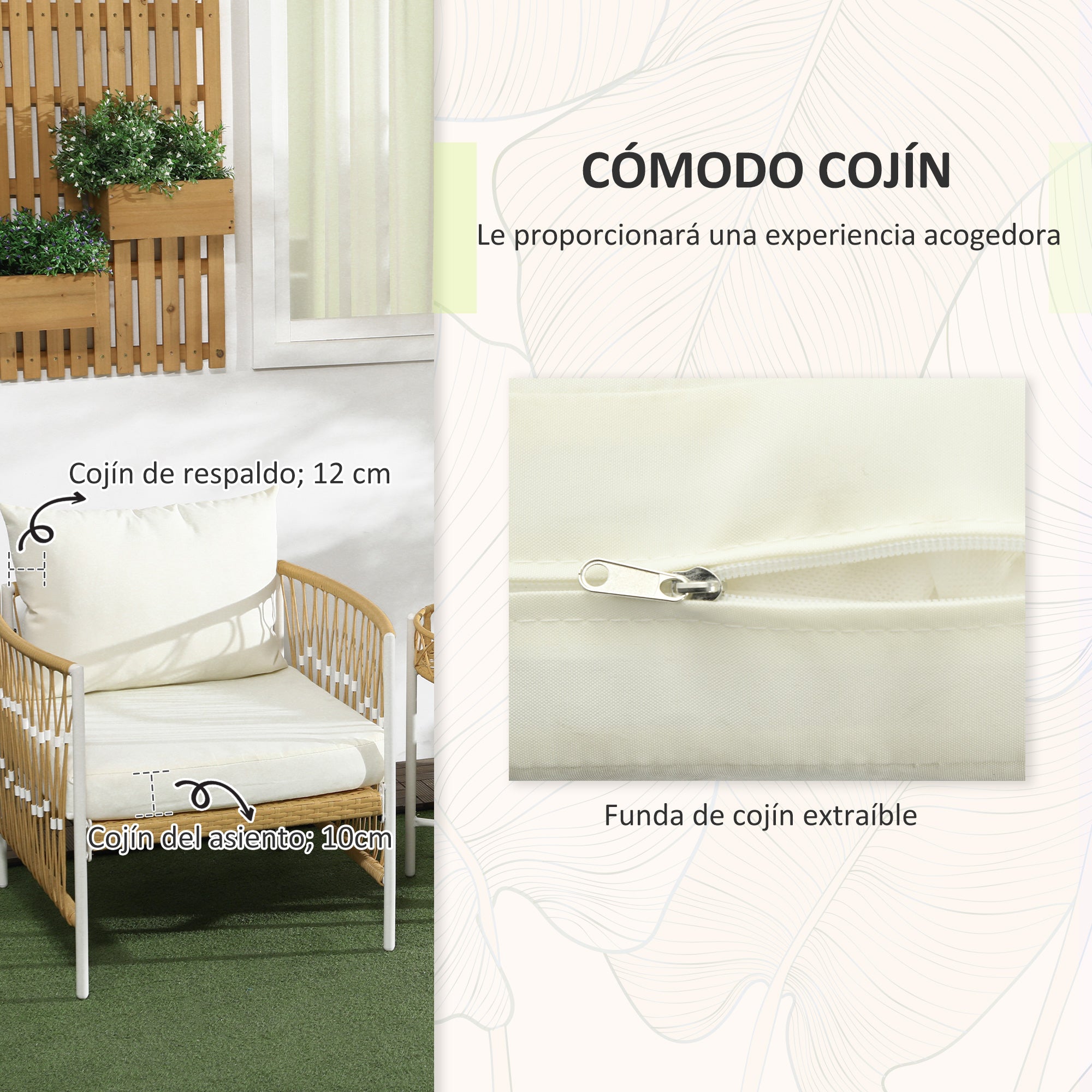 Outsunny Conjunto Jardín Exterior de 3 Piezas, Muebles de Jardín con 2 Sillas, Mesa de Ratán, Cojines Acolchados, Fundas Extraíbles y Marco de Acero, Resistente a la Intemperie, para Balcón, Crema