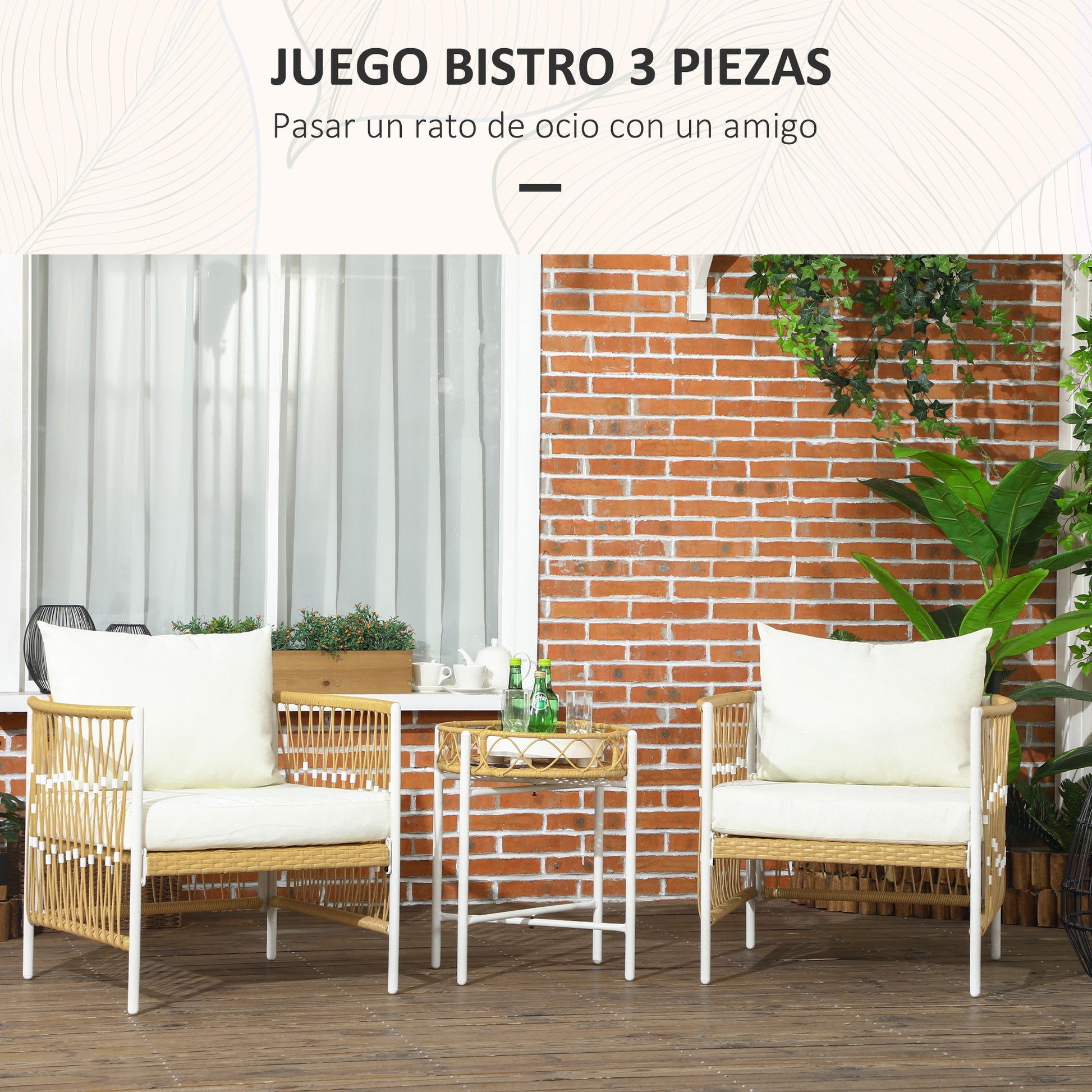 Outsunny Conjunto Jardín Exterior de 3 Piezas, Muebles de Jardín con 2 Sillas, Mesa de Ratán, Cojines Acolchados, Fundas Extraíbles y Marco de Acero, Resistente a la Intemperie, para Balcón, Crema