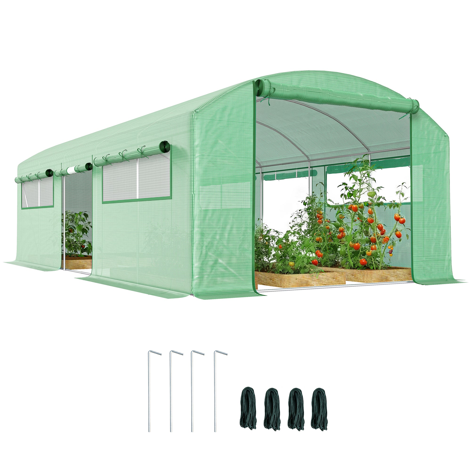 Outsunny Invernadero de Exterior 6x3x2 m, Invernadero de Túnel con 3 Puertas Enrollables, Ventanas de Malla, Cubierta PE 140g/m² Anti-UV y Marco de Acero Galvanizado, para Cultivos, Plantas, Verde
