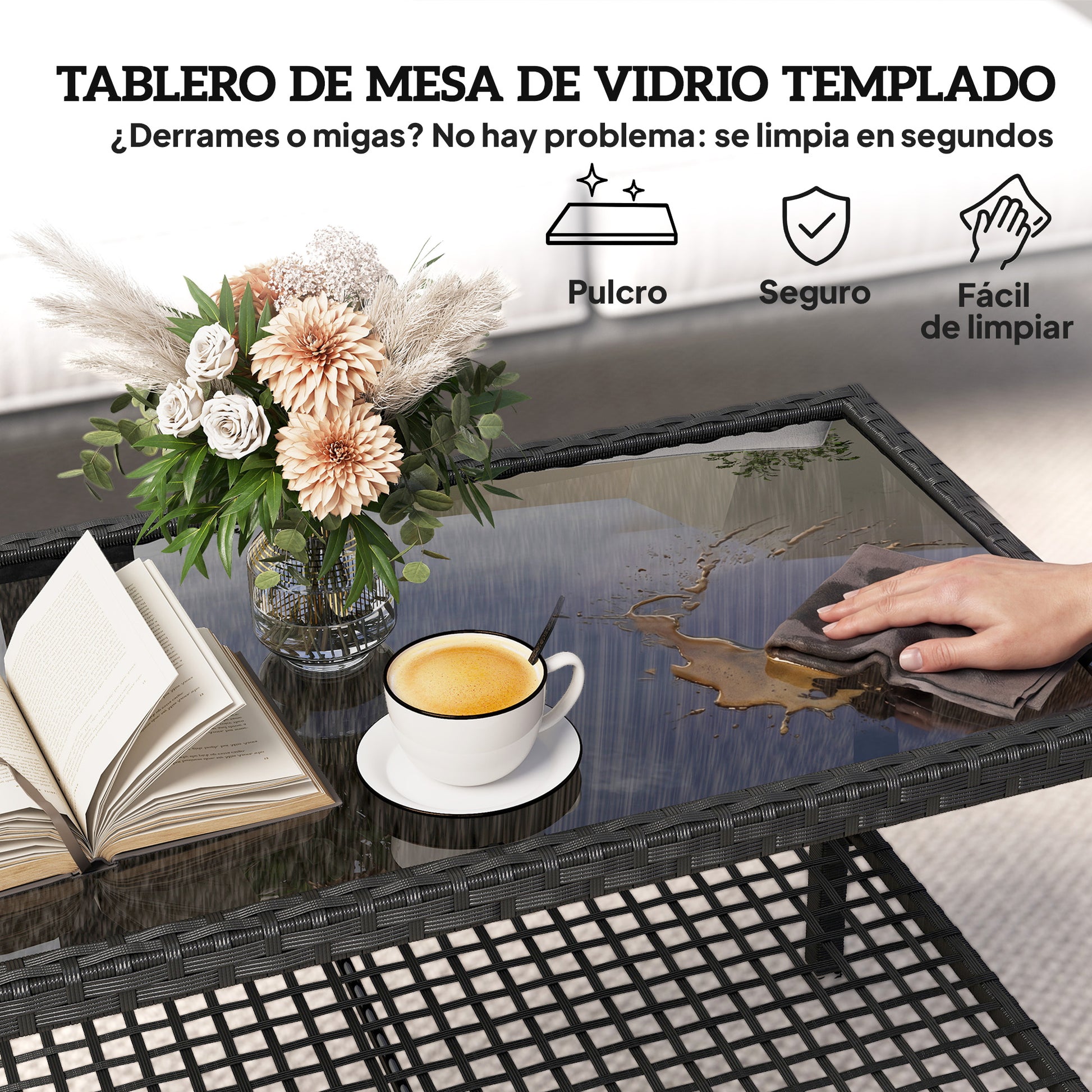 Outsunny Mesa de Jardín de Ratán, Mesita Auxiliar con Estante, Tablero de Vidrio Templado, Estructura de Acero, para Terraza, Patio, Balcón, 92x50x45 cm, Negro
