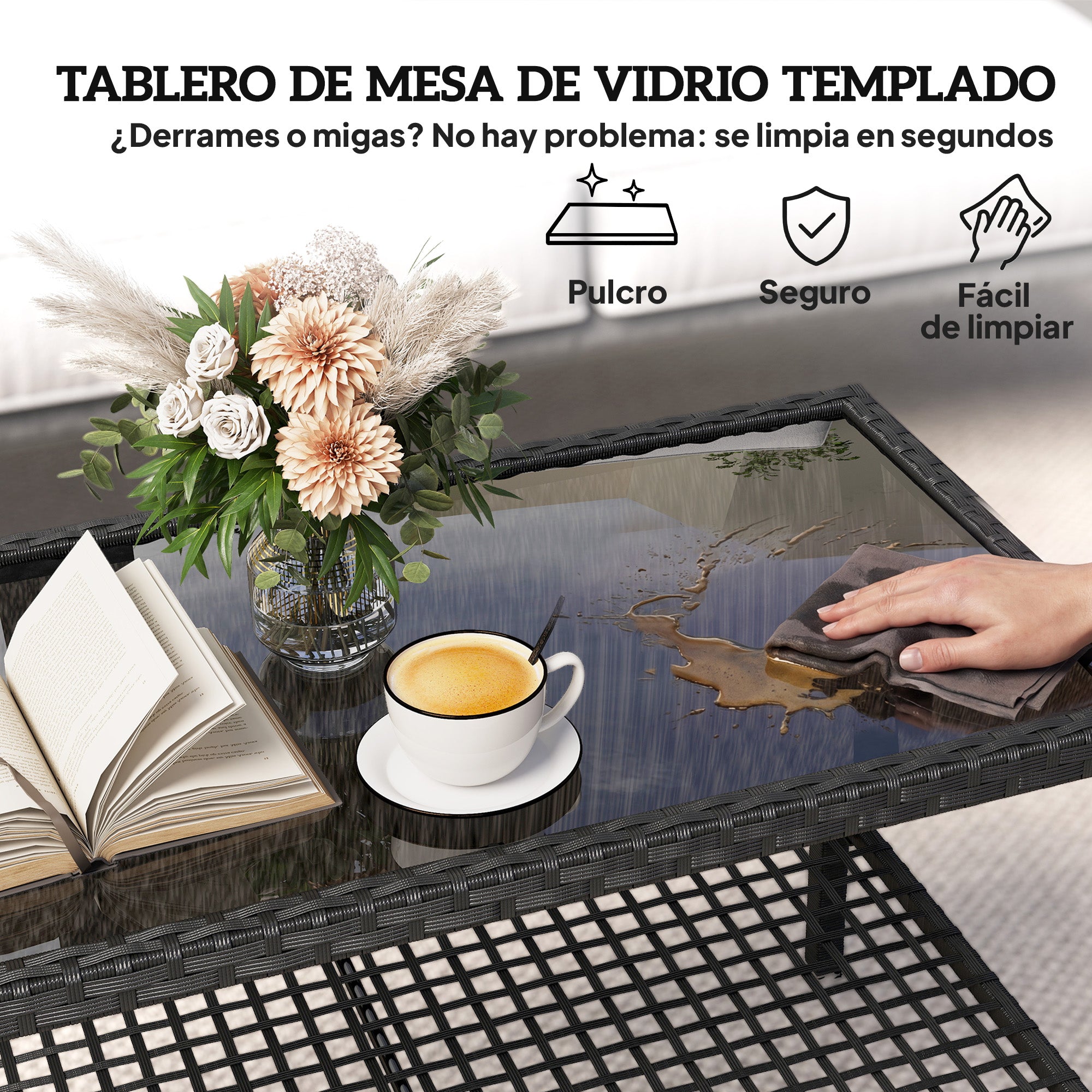 Outsunny Mesa de Jardín de Ratán, Mesita Auxiliar con Estante, Tablero de Vidrio Templado, Estructura de Acero, para Terraza, Patio, Balcón, 92x50x45 cm, Negro
