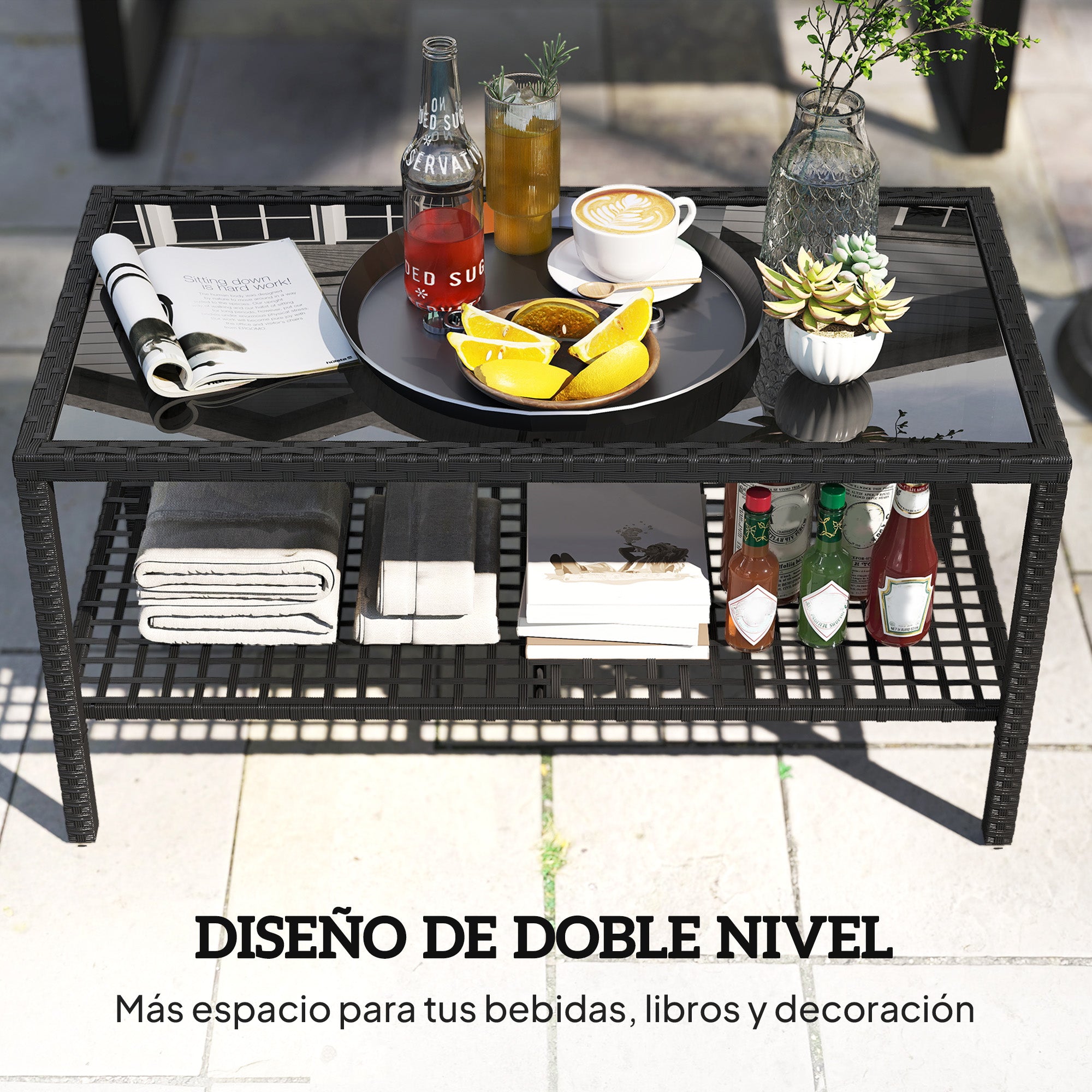Outsunny Mesa de Jardín de Ratán, Mesita Auxiliar con Estante, Tablero de Vidrio Templado, Estructura de Acero, para Terraza, Patio, Balcón, 92x50x45 cm, Negro