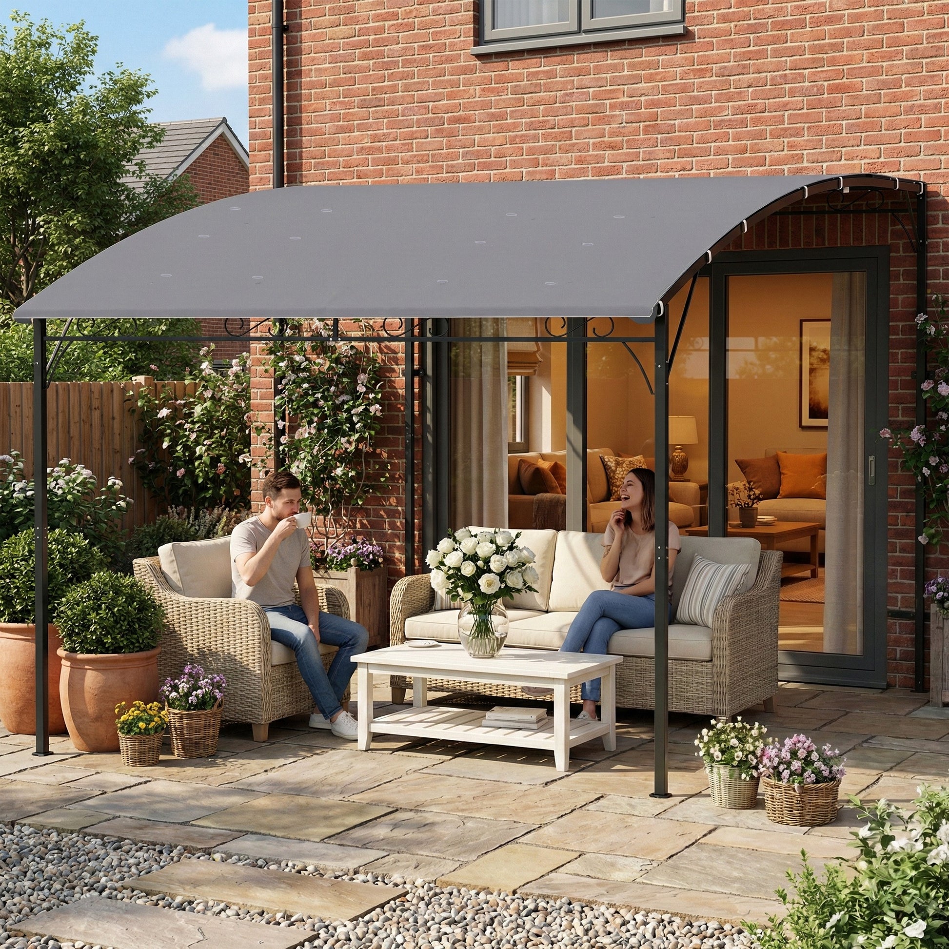 Outsunny Pérgola de Pared de Jardín 2,8x3,8 m, Cenador de Jardín con Techo Inclinado, Orificios de Drenaje y Estructura Metálica, Resistente a la Intemperie, para Patio, Terraza, Balcón, Gris