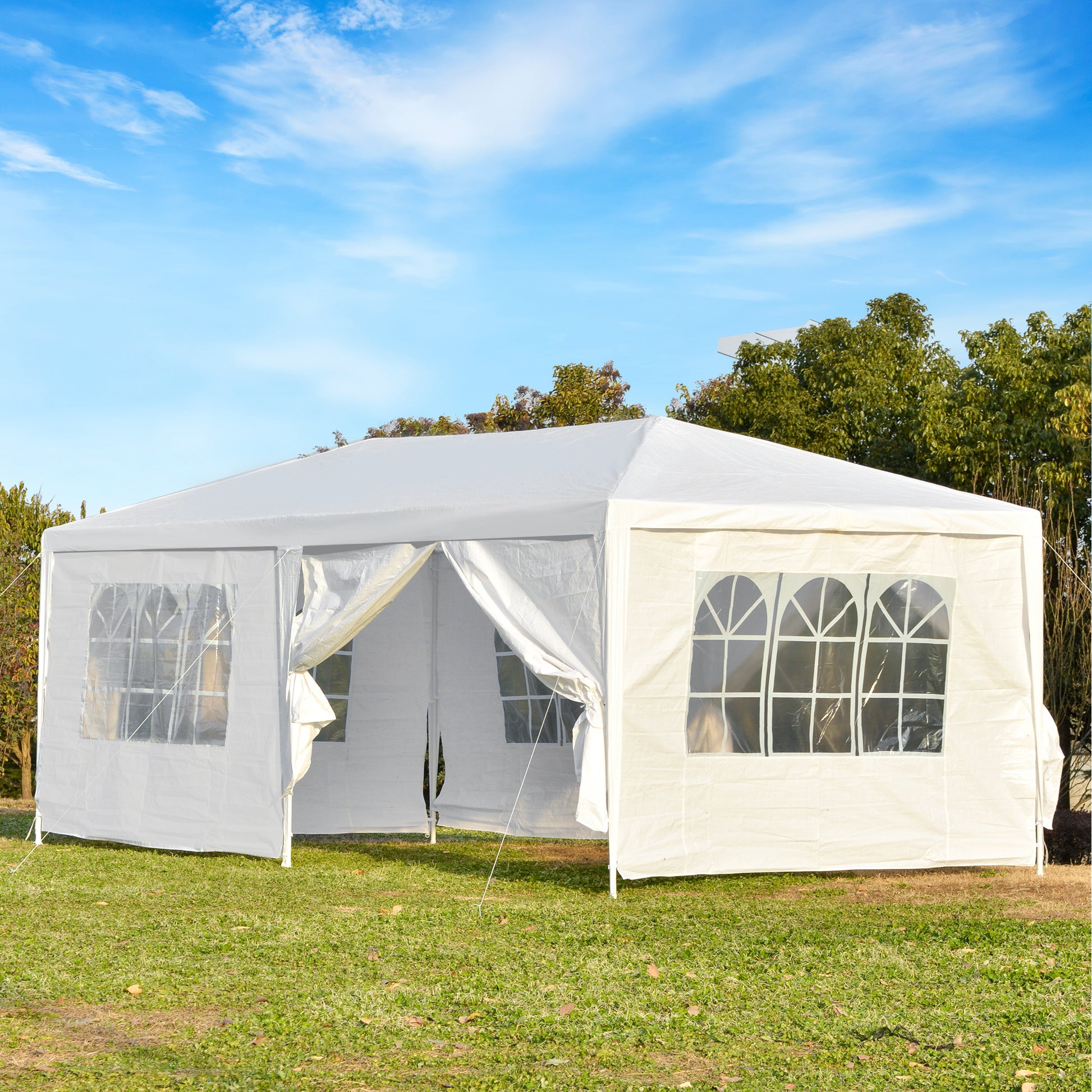 Outsunny Carpa para Fiestas 6x3 m Pabellón de Jardín con 2 Puertas 4 Paredes Laterales Extraíbles y 4 Ventanas para Exterior Eventos Bodas Festivales Blanco