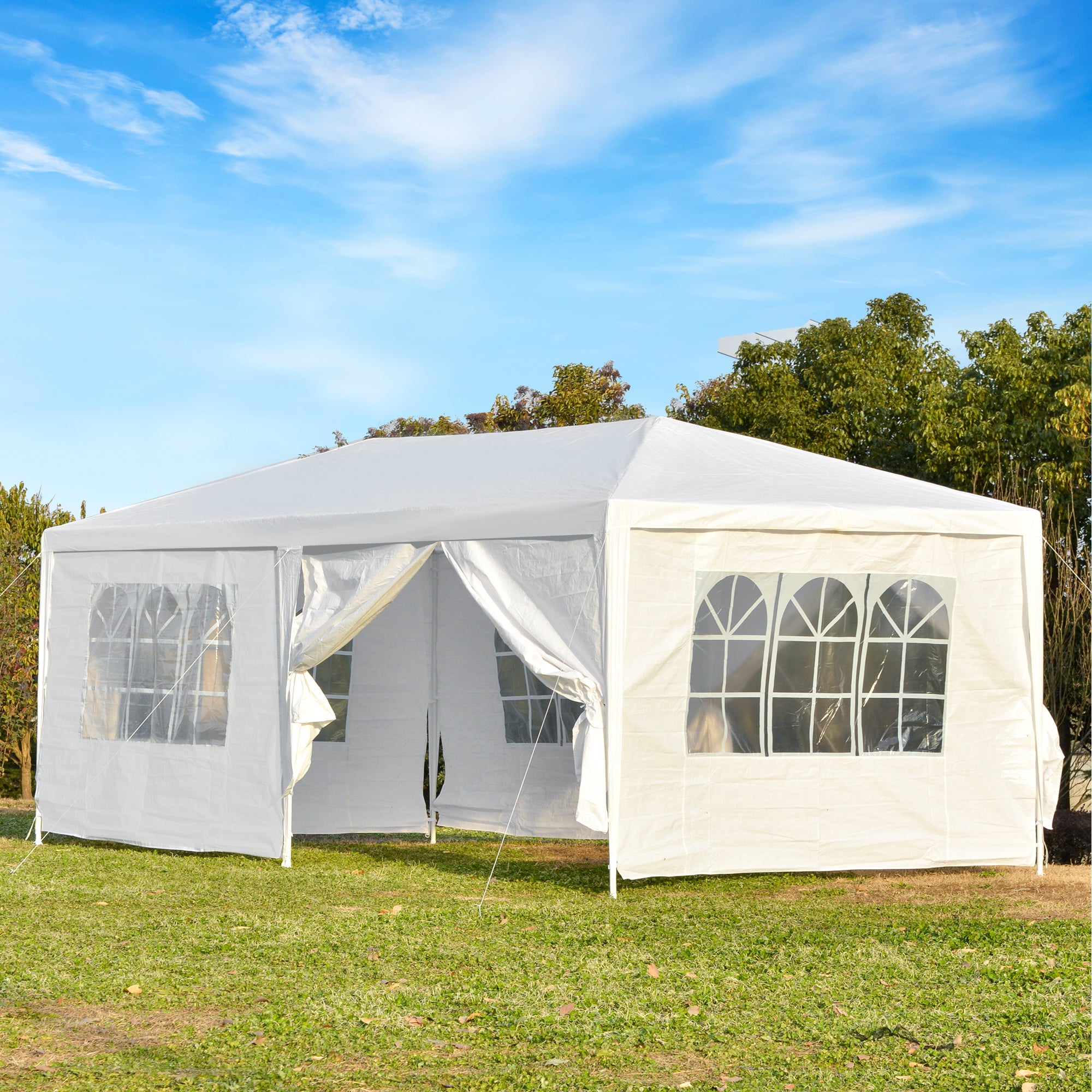 Outsunny Carpa para Fiestas 6x3 m Pabellón de Jardín con 2 Puertas 4 Paredes Laterales Extraíbles y 4 Ventanas para Exterior Eventos Bodas Festivales Blanco