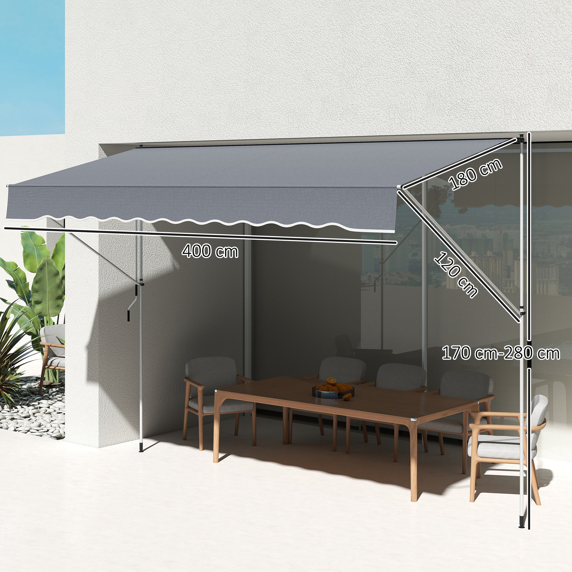 Outsunny Toldo Manual Retráctil 4x1,2 m, Toldo Exterior Terraza Enrollable, Altura Ajustable 170-280 cm, con Manivela, Anti-UV e Impermeable, Sin Taladro, para Balcón, Jardín, Gris Oscuro