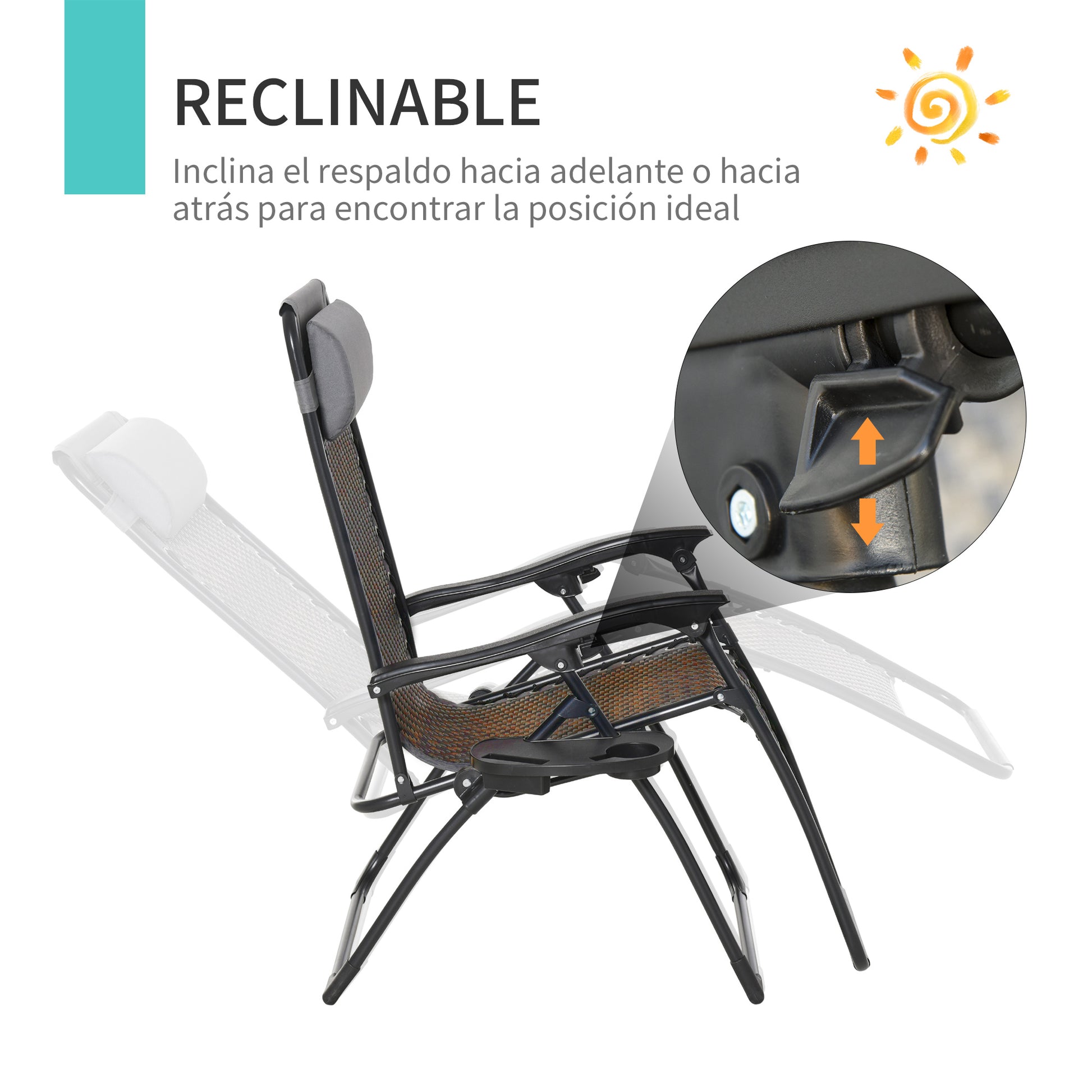 Outsunny Tumbona Plegable de Ratán con Respaldo Ajustable Reposacabezas Extraíble Portavasos y Soporte para Teléfono Jardín Terraza al Aire Libre 65x70x110 cm Marrón