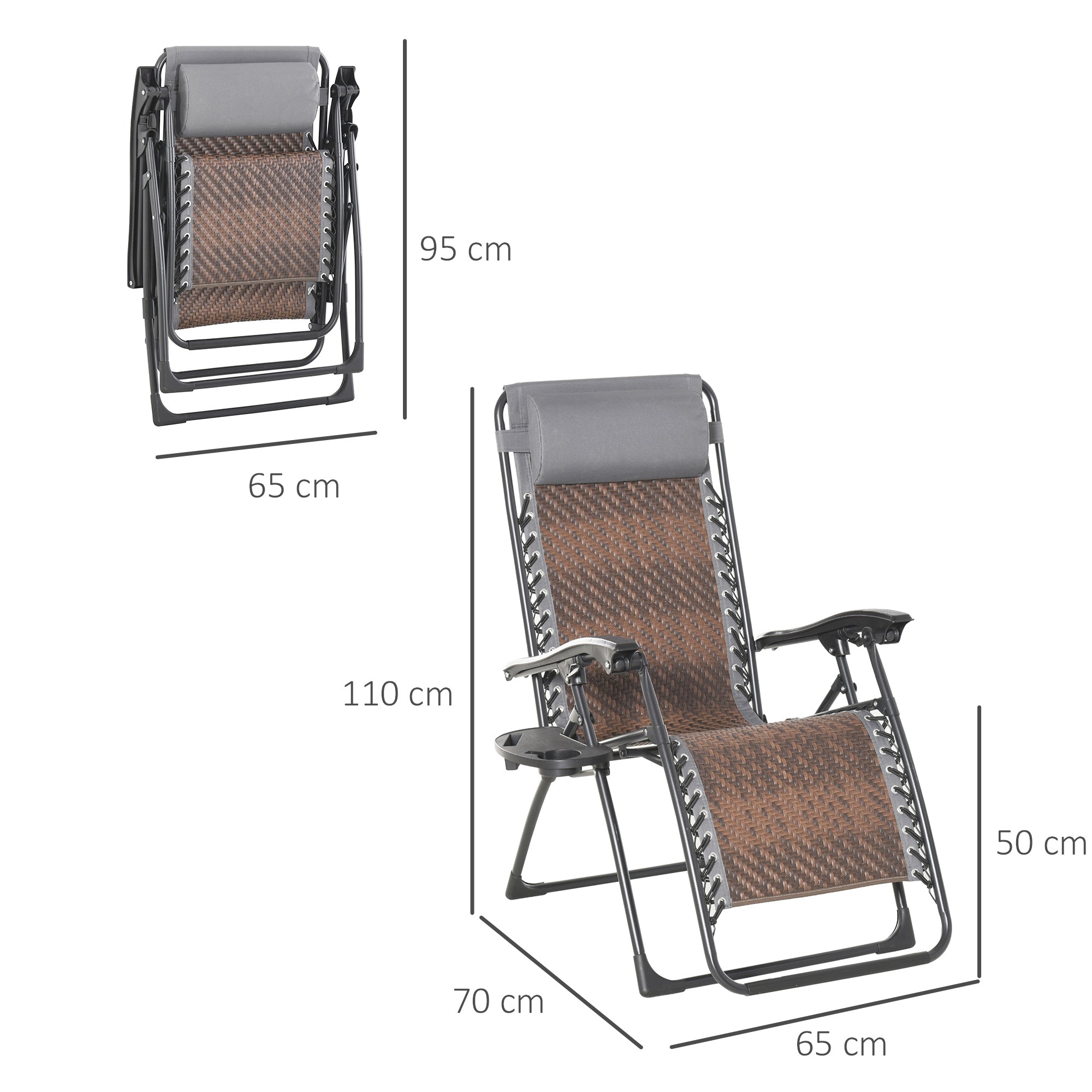 Outsunny Tumbona Plegable de Ratán con Respaldo Ajustable Reposacabezas Extraíble Portavasos y Soporte para Teléfono Jardín Terraza al Aire Libre 65x70x110 cm Marrón