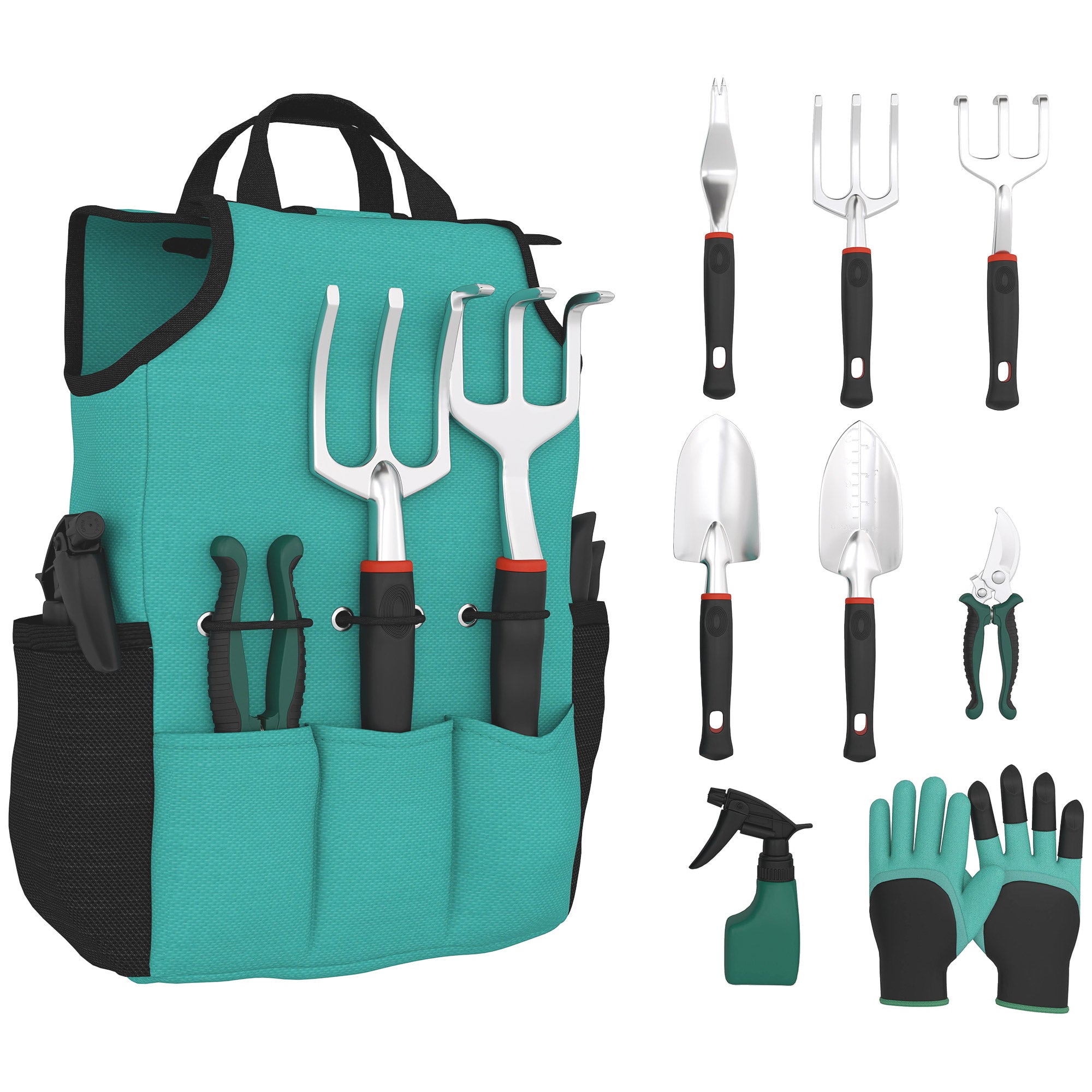 Outsunny Juego de Herramientas para Jardín de 9 Piezas Robusta Juego de Herramientas Jardinería de Aluminio con Tijeras de Podar con Bloqueo Seguro y Bolsa de Jardín Ligera para Mujeres y Hombres