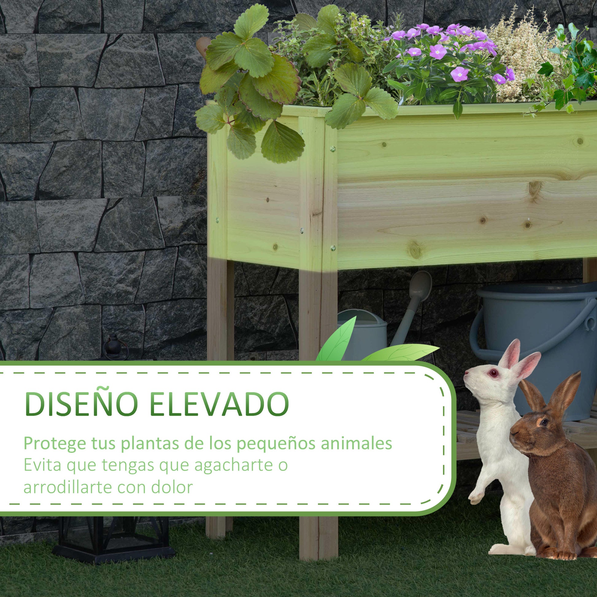 Outsunny Huerto Urbano Elevado de Madera 90x40x81 cm Mesa de Cultivo de Jardín con Estante Inferior y 2 Orificios de Drenaje para Cultivos Plantas Flores Natural