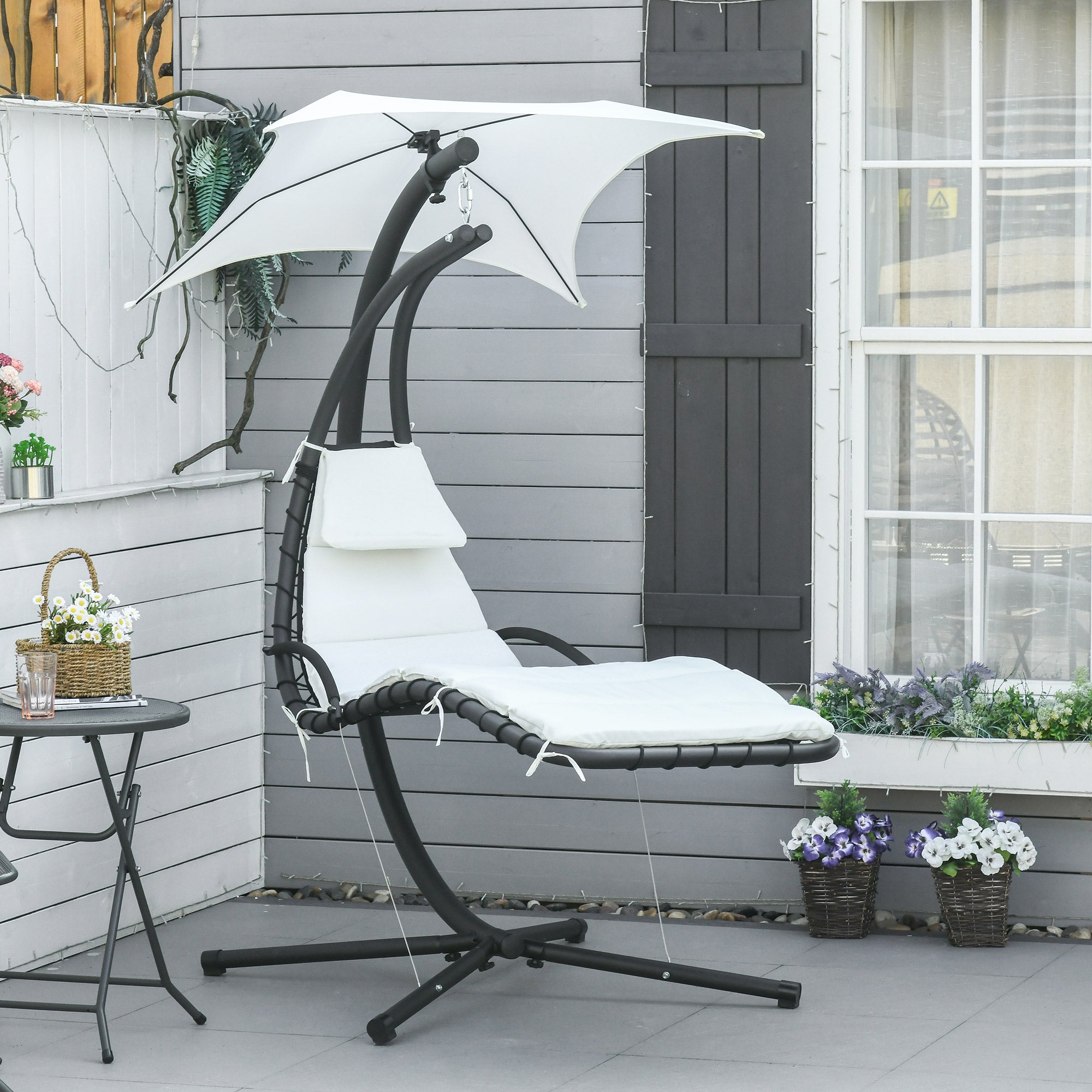 Outsunny Silla Colgante con Soporte Sillón Colgante con Toldo Cojín Estructura Metálica Antivuelco Carga 120 kg para Jardín Patio Terraza 190x110x190 cm Crema