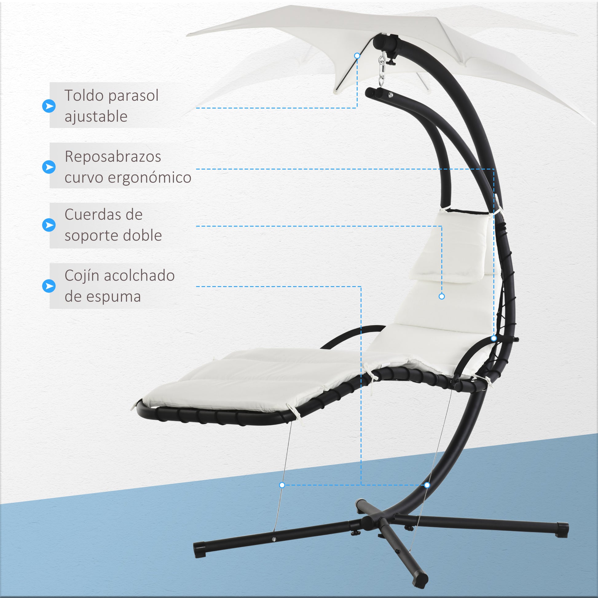Outsunny Silla Colgante con Soporte Sillón Colgante con Toldo Cojín Estructura Metálica Antivuelco Carga 120 kg para Jardín Patio Terraza 190x110x190 cm Crema