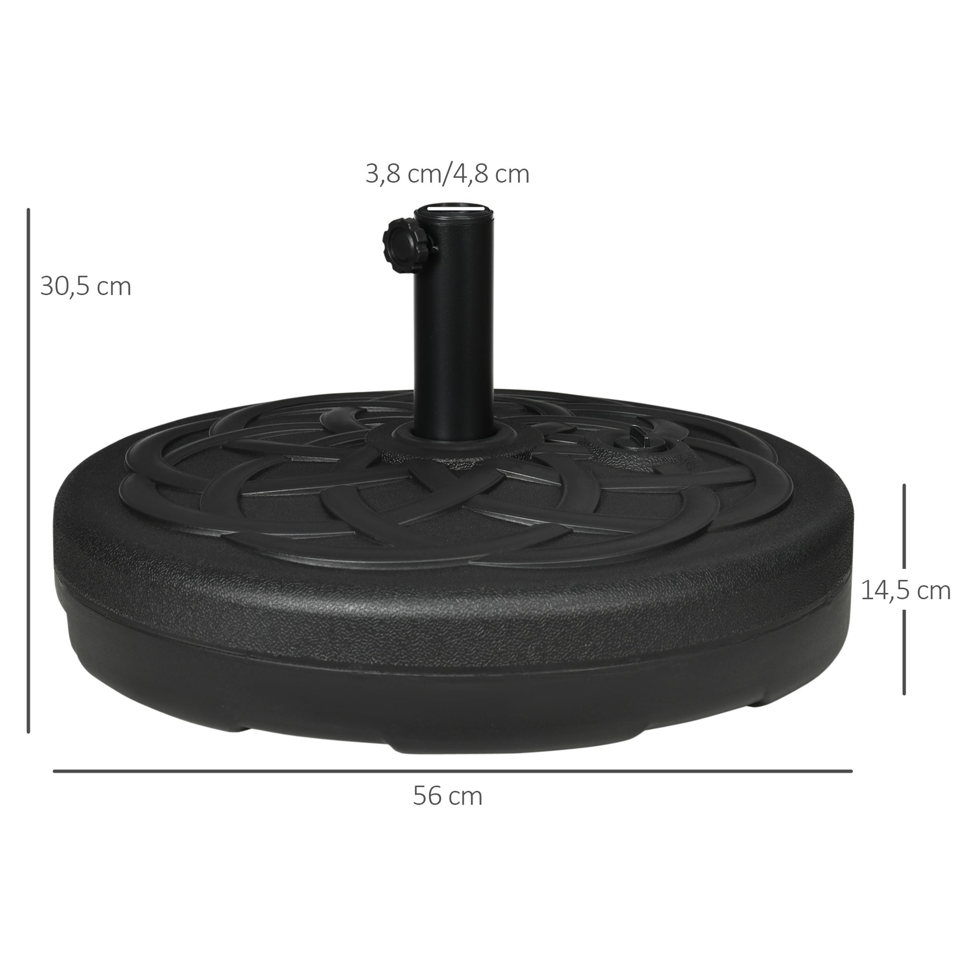 Outsunny Base de Sombrilla de PE Redonda Soporte de Parasol 2,5 kg Apto para Postes de 38mm/48mm Rellenable de Arena 35 kg y Agua 25L Ø56x30,5 cm Negro