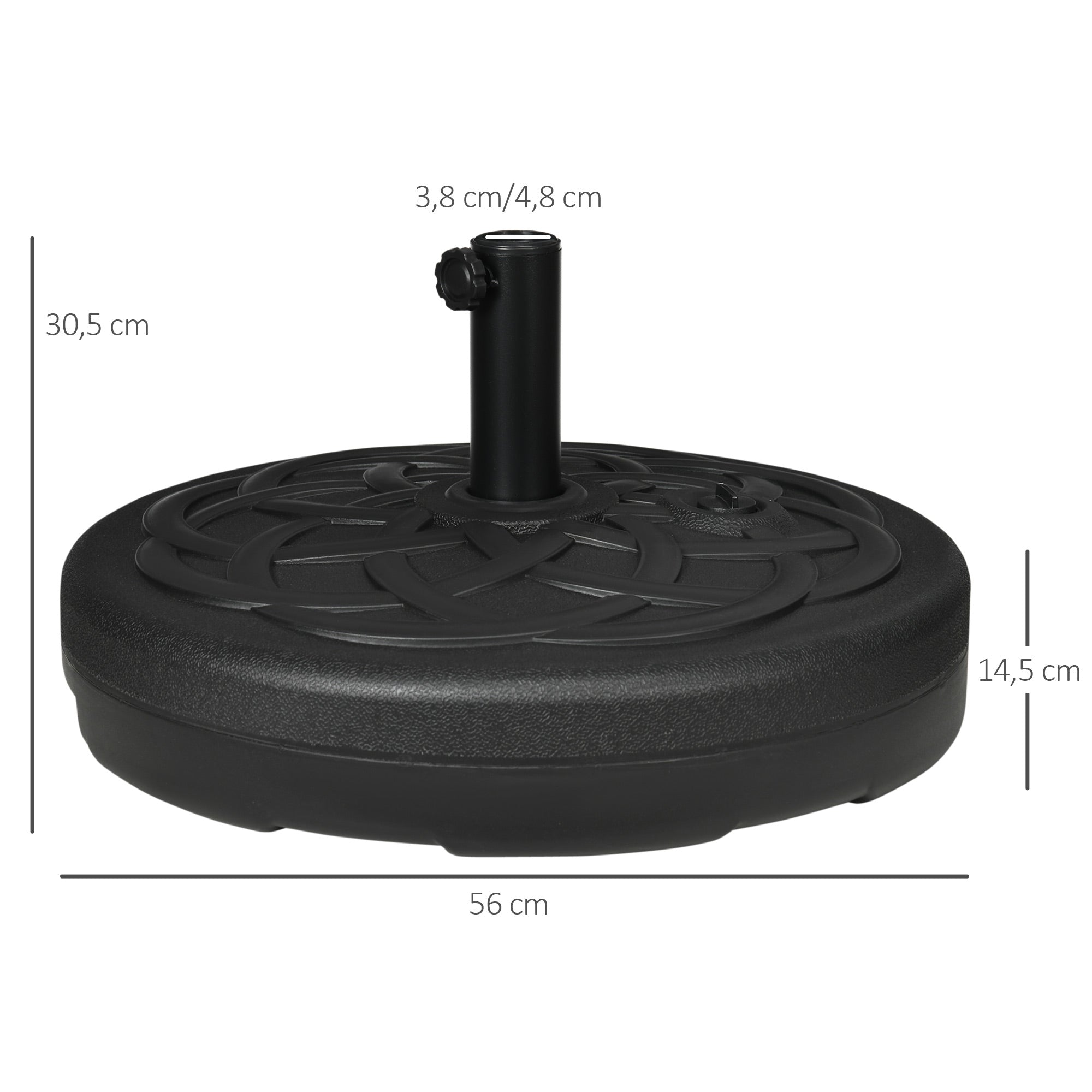 Outsunny Base de Sombrilla de PE Redonda Soporte de Parasol 2,5 kg Apto para Postes de 38mm/48mm Rellenable de Arena 35 kg y Agua 25L Ø56x30,5 cm Negro