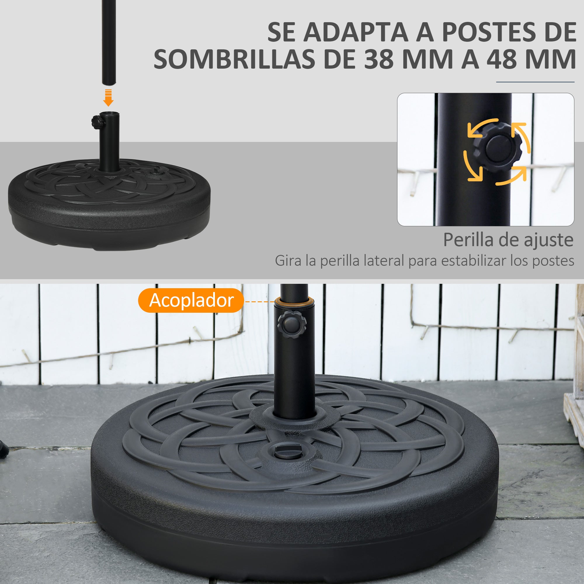Outsunny Base de Sombrilla de PE Redonda Soporte de Parasol 2,5 kg Apto para Postes de 38mm/48mm Rellenable de Arena 35 kg y Agua 25L Ø56x30,5 cm Negro