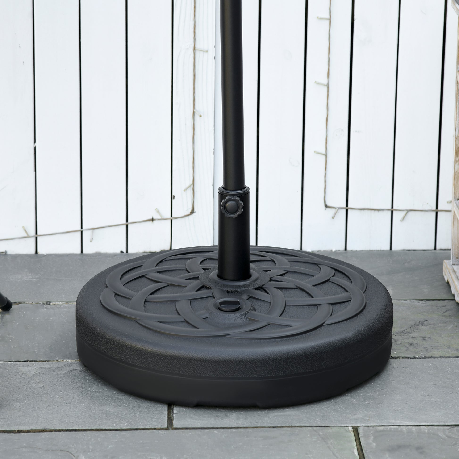 Outsunny Base de Sombrilla de PE Redonda Soporte de Parasol 2,5 kg Apto para Postes de 38mm/48mm Rellenable de Arena 35 kg y Agua 25L Ø56x30,5 cm Negro