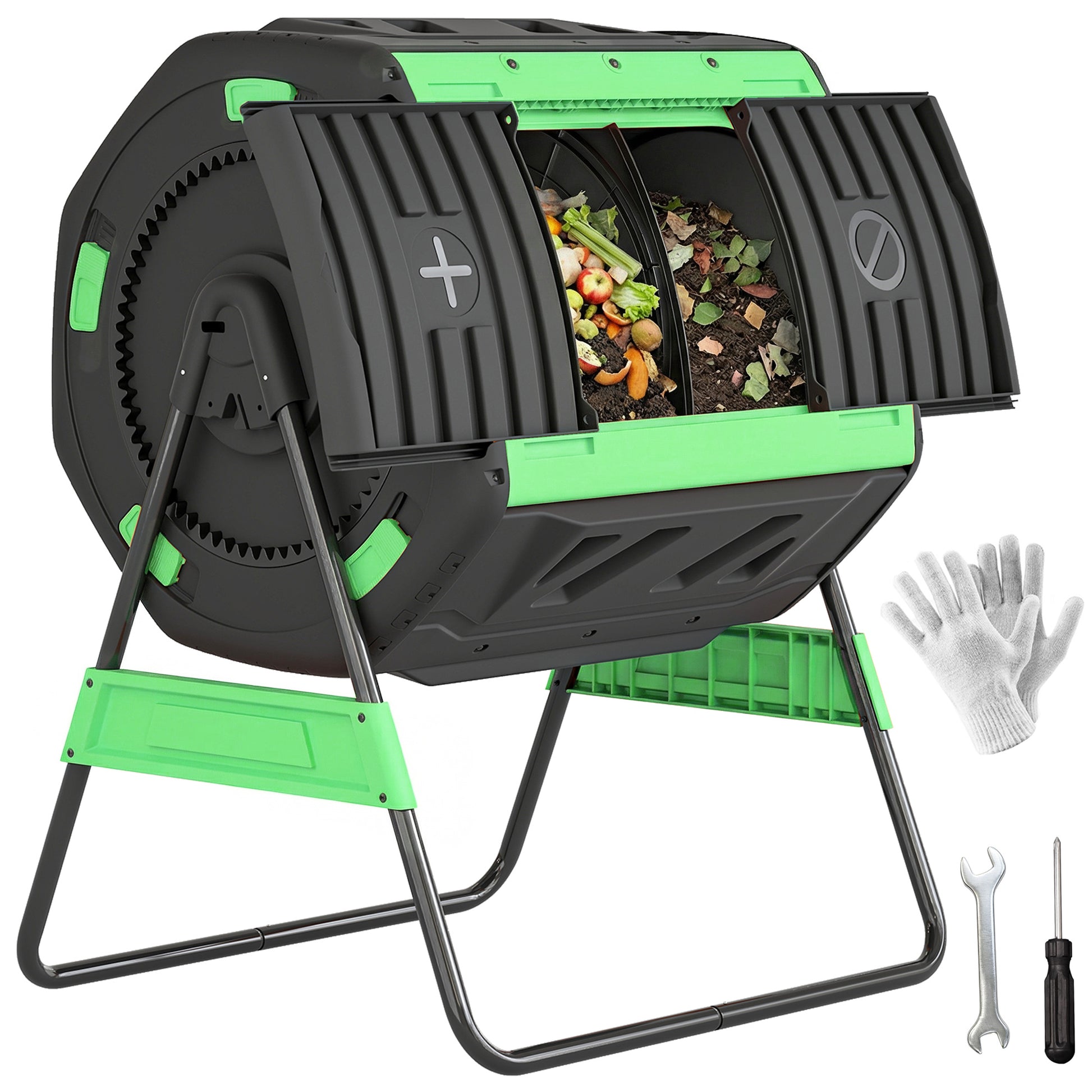 Outsunny Compostador Giratorio de 200L, Contenedor de Compostaje de Jardín de Doble Cámara, Sin BPA, Compostadora con Aberturas de Ventilación, 2 Puertas Deslizantes y Patas de Metal, Verde