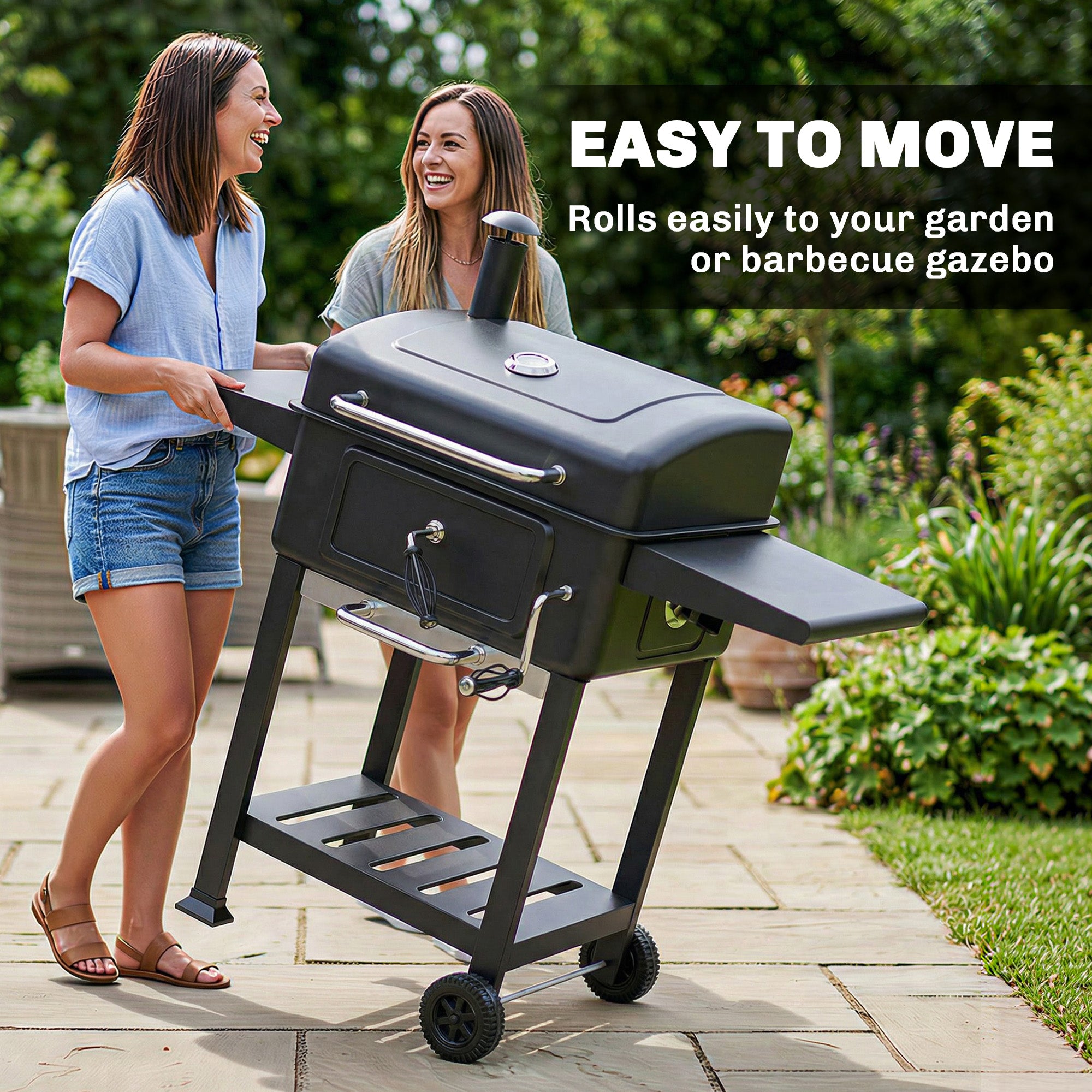 Outsunny Barbacoa de Carbón Portátil, Barbacoa de Carbón con Bandeja y Ventilación Ajustable, Gran Parrilla, Estantes Laterales, Termómetro, Tapa, Chimenea, Cajón de Cenizas, Ruedas, Puerta, Negro