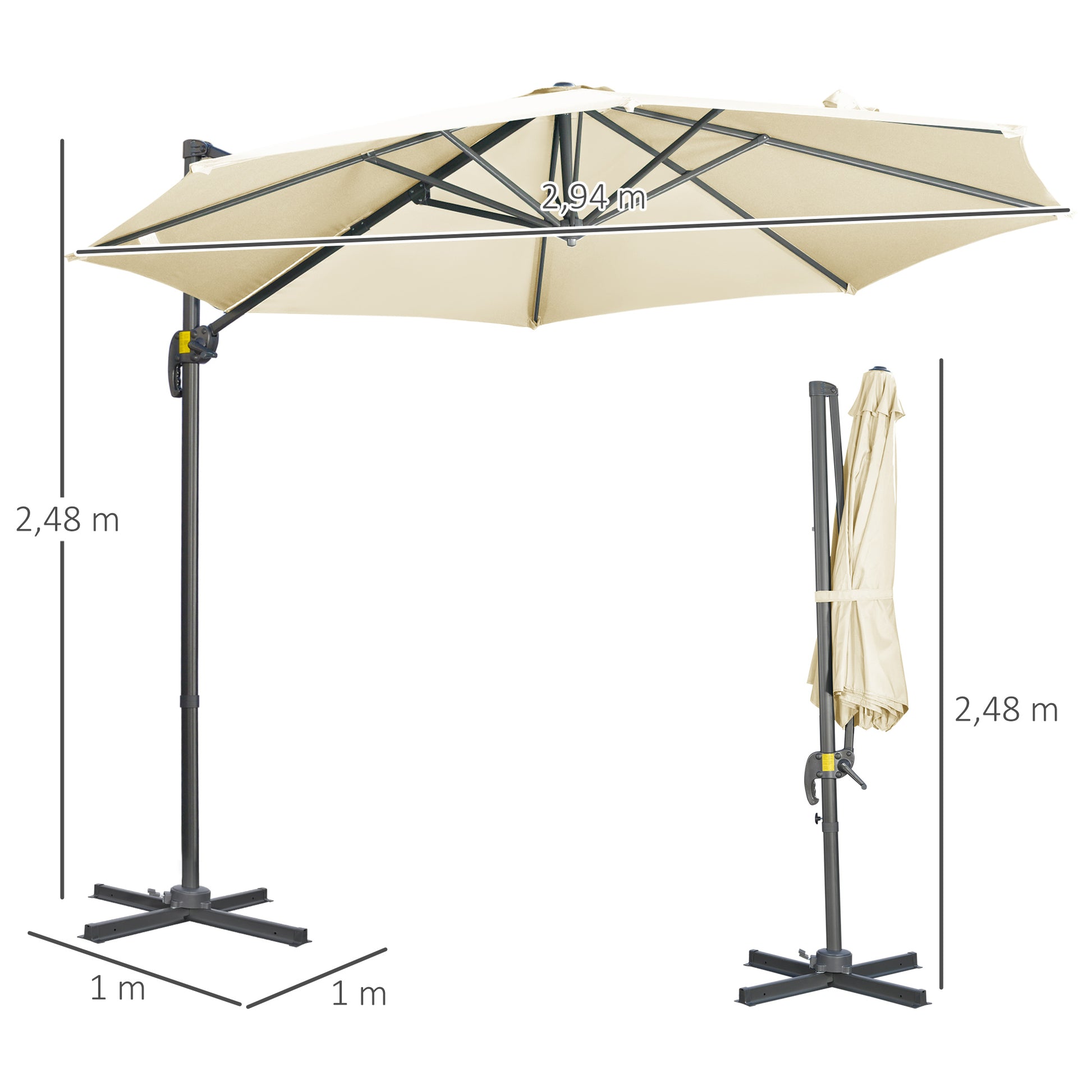 Outsunny Sombrilla de Jardín Ø300x250 cm Parasol Excéntrico de Aluminio con Manivela Toldo Inclinable Giratorio 360° con Pedal y Base Cruzada Crema