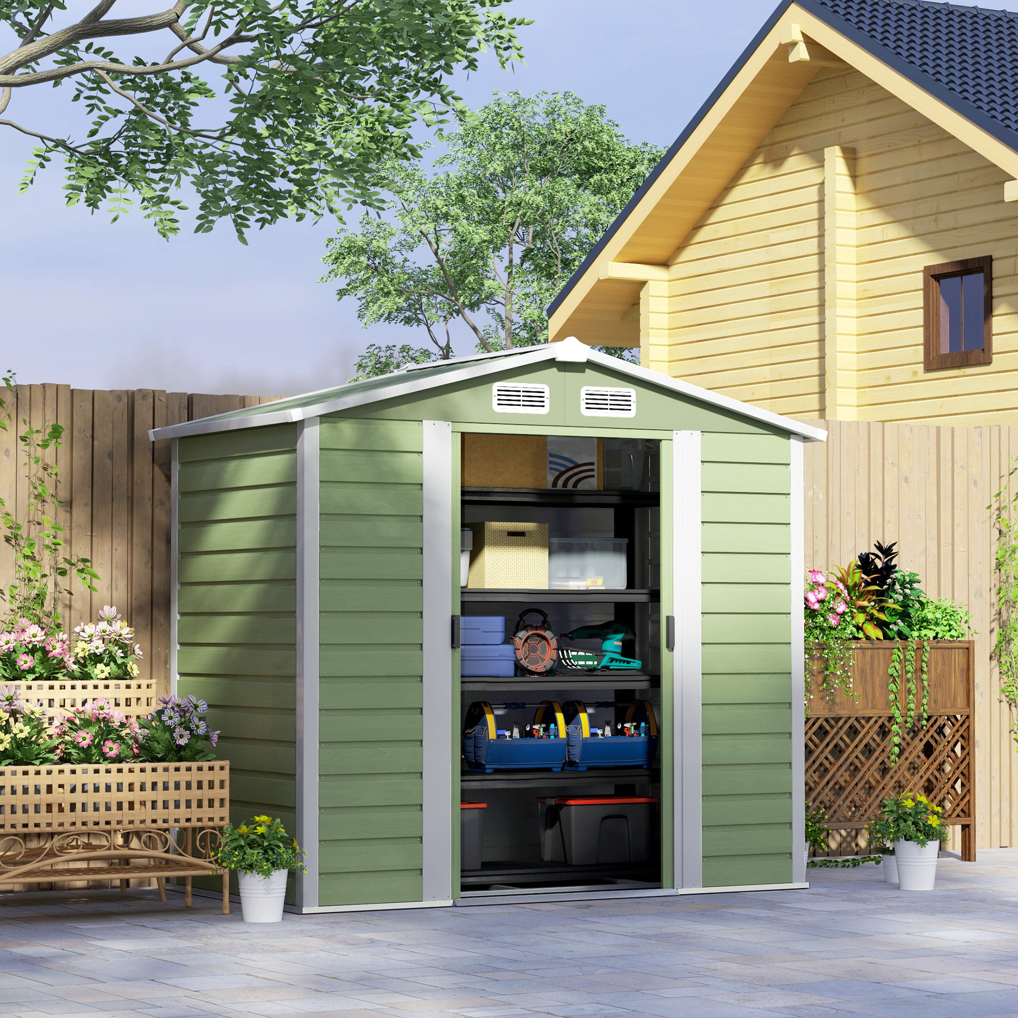 Outsunny Caseta de Jardín Exterior 2,36m² 213x120x194 cm Cobertizo de Jardín Exterior con Base Refuerzo (Suelo NO Incluido) Puertas Correderas Dobles Candado Ventanas Verde Claro