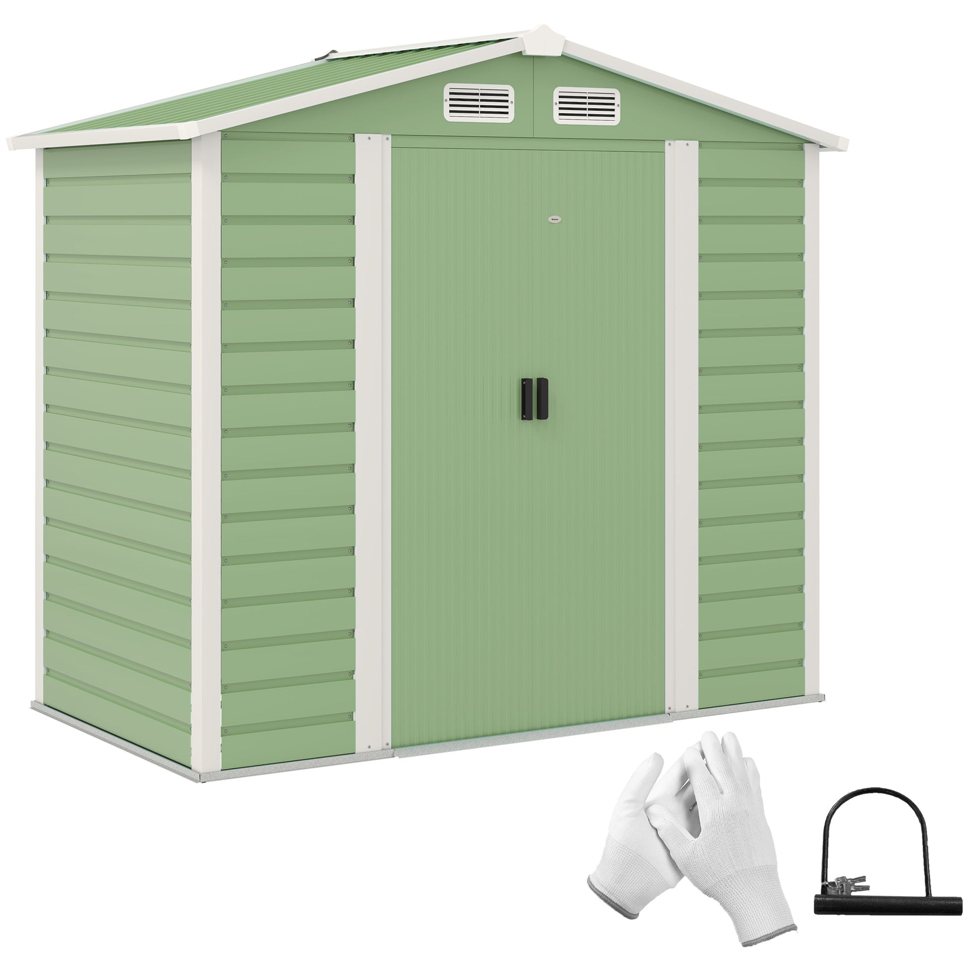 Outsunny Caseta de Jardín Exterior 2,36m² 213x120x194 cm Cobertizo de Jardín Exterior con Base Refuerzo (Suelo NO Incluido) Puertas Correderas Dobles Candado Ventanas Verde Claro