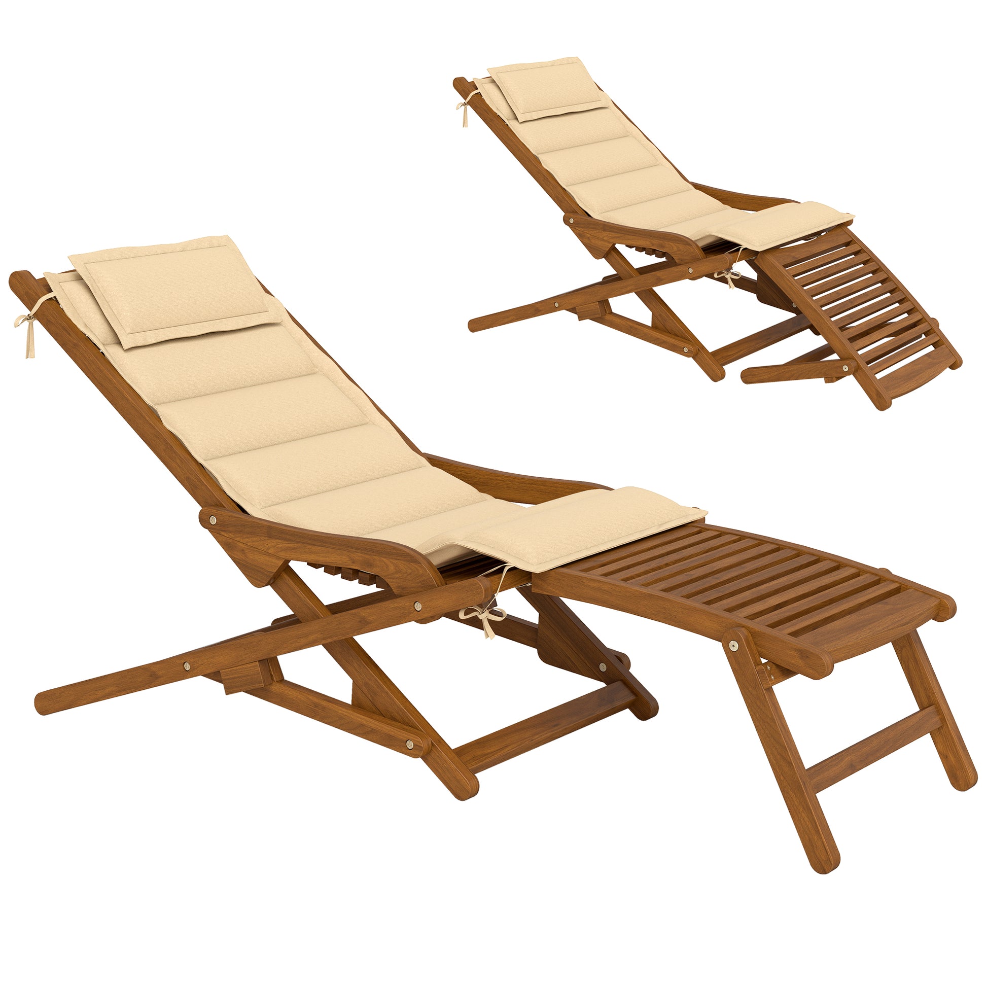 Outsunny Tumbona Silla Plegable de Madera de Acacia, Silla de Jardín Exterior con Reposapiés Desmontable y Cojín con Reposacabezas, Carga 160 kg, para Terraza, Patio, Playa, 158x61x70 cm, Beige