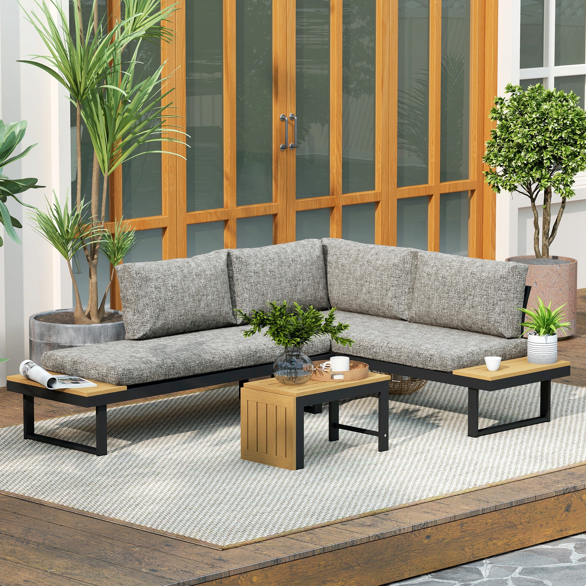 Outsunny Conjunto de Jardín Exterior de 3 Piezas, Sofá Exterior Seccional Resistente con 2 Sofás de 2 Plazas y Mesa de Centro Versátil, Estructura de Aluminio y Cojines, Gris Claro