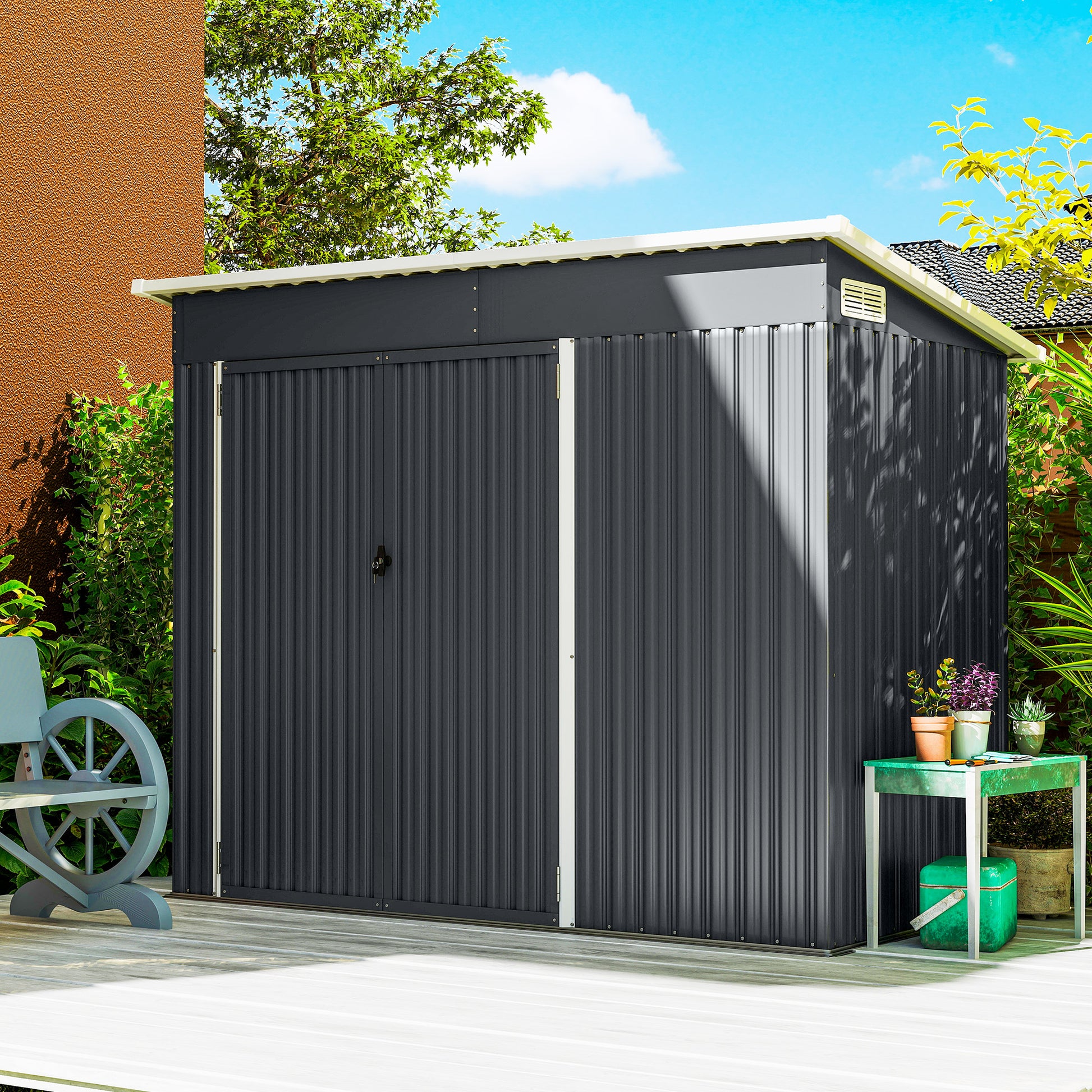 Outsunny Caseta de Jardín Exterior 2,7 m², 234x132x185 cm, Cobertizo de Jardín Exterior Metálico con Triple Puerta, Cerradura, Techo Inclinado y Ventilación para Almacenamiento de Herramientas, Gris