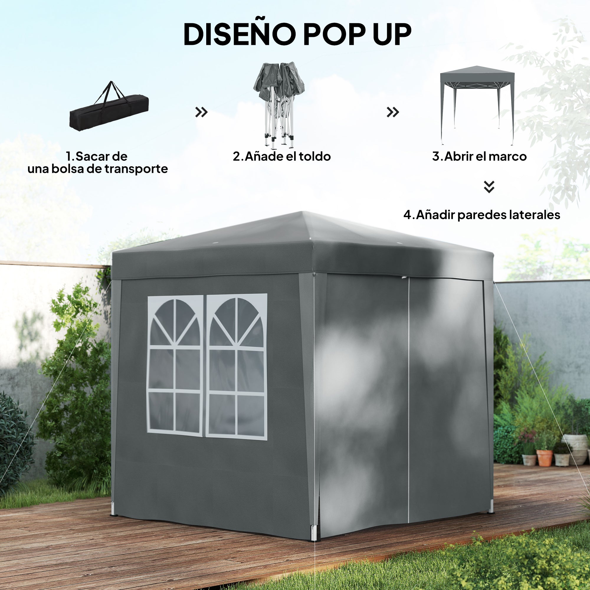 Outsunny Carpa Plegable Pop-up Gazebo 2x2 m Cenador Plegable con 4 Paredes Laterales Anti-UV y Bolsa de Transporte para Camping Fiestas Gris
