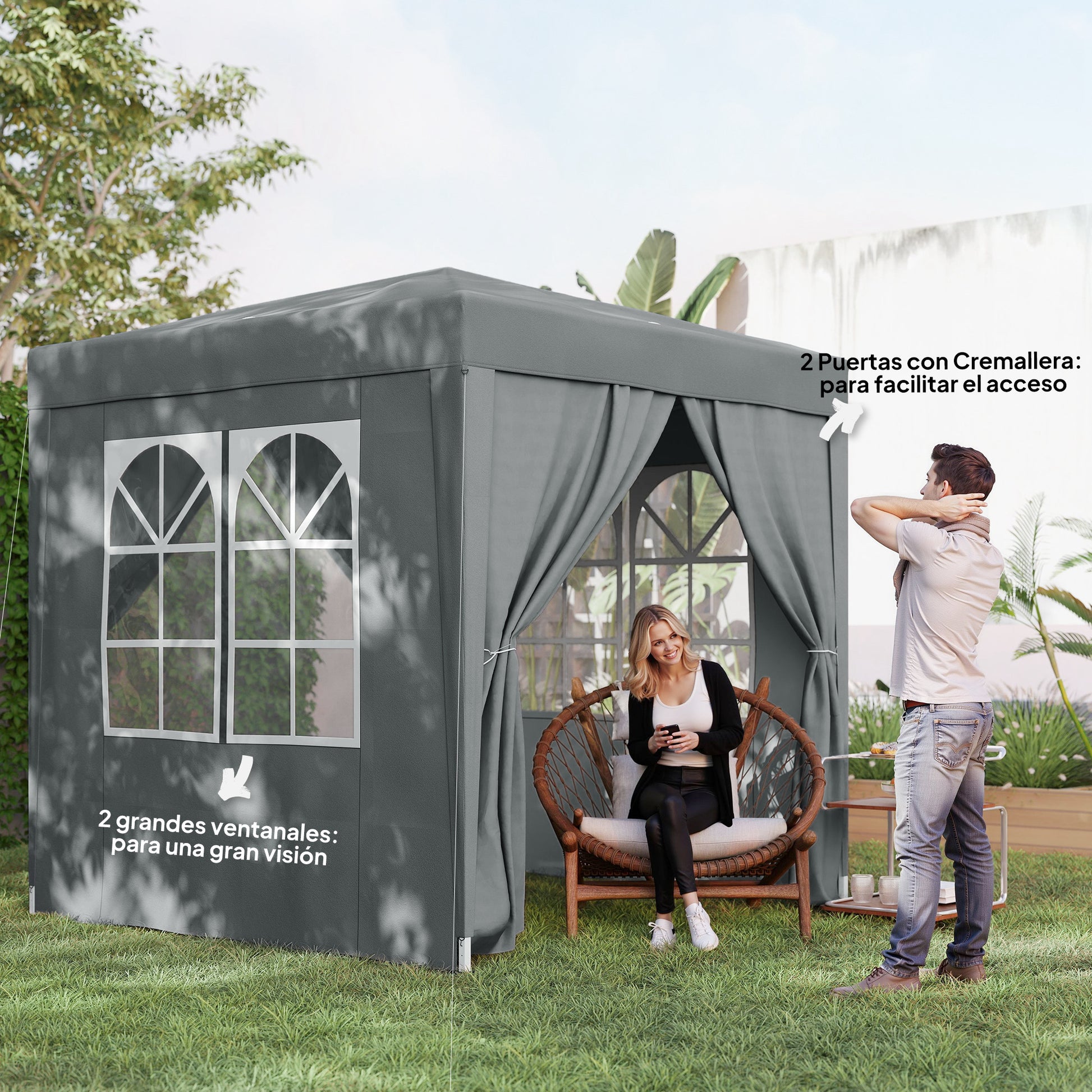 Outsunny Carpa Plegable Pop-up Gazebo 2x2 m Cenador Plegable con 4 Paredes Laterales Anti-UV y Bolsa de Transporte para Camping Fiestas Gris
