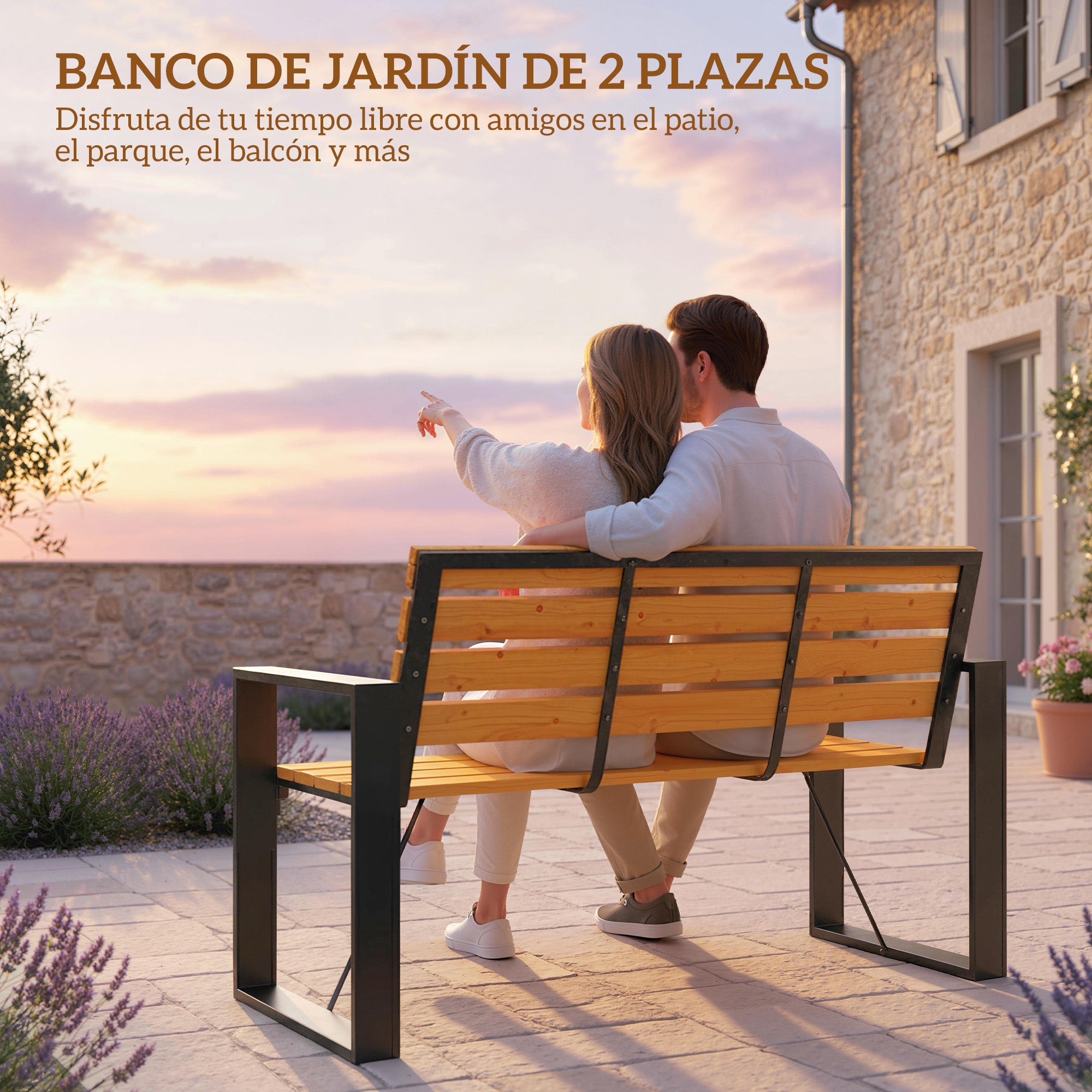 Outsunny Banco de Jardín Exterior de 2 Plazas, Banco Exterior con Respaldo y Asiento Listonado de Madera, Reposabrazos y Marco de Acero, para Patio, Terraza, 136x54x82 cm, Natural