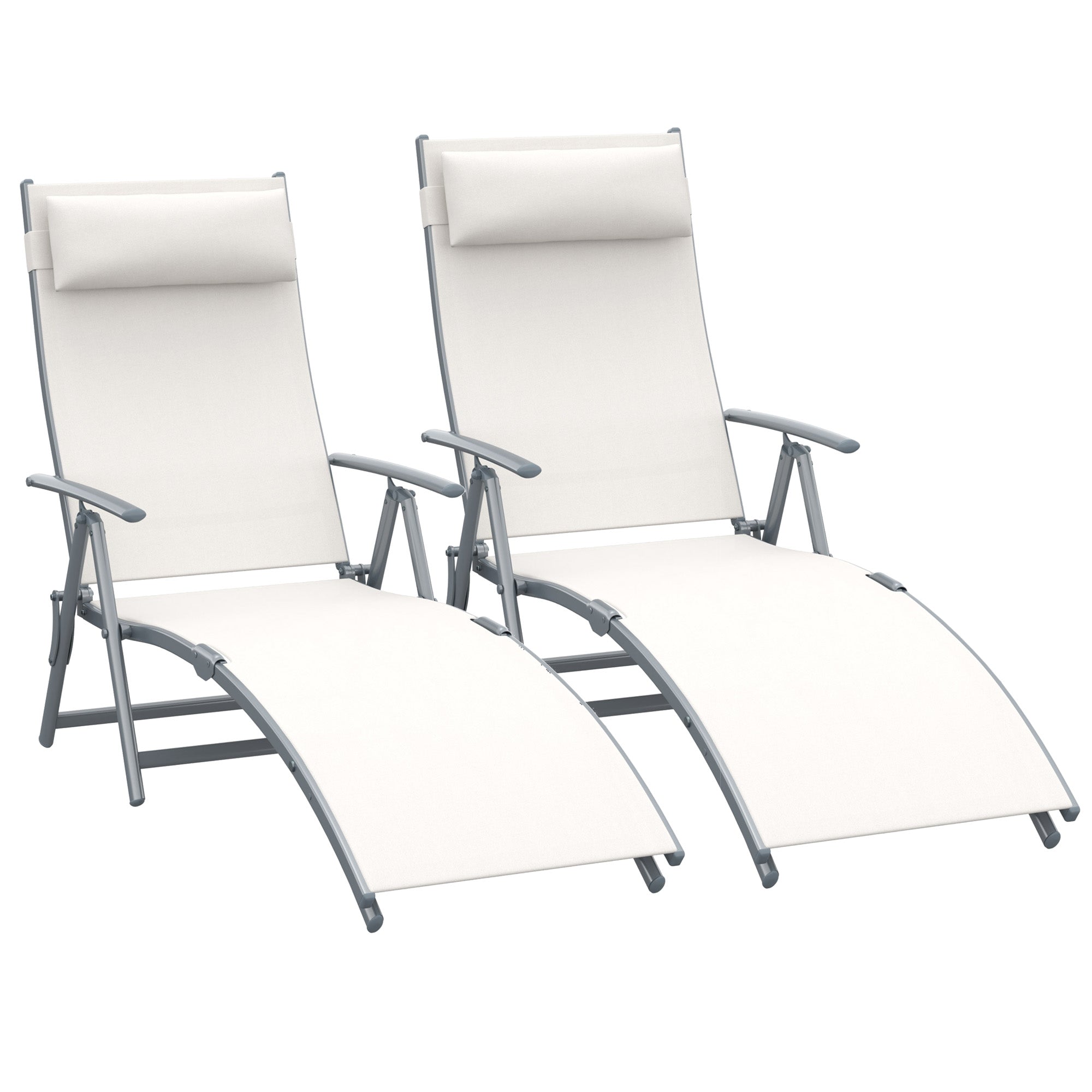 Outsunny Set de 2 Tumbonas Plegables de Jardín Exterior con Respaldo Ajustable Almohada y Reposabrazos Carga 165 kg para Piscina Terraza Camping 137x63,5x100,5 cm Beige