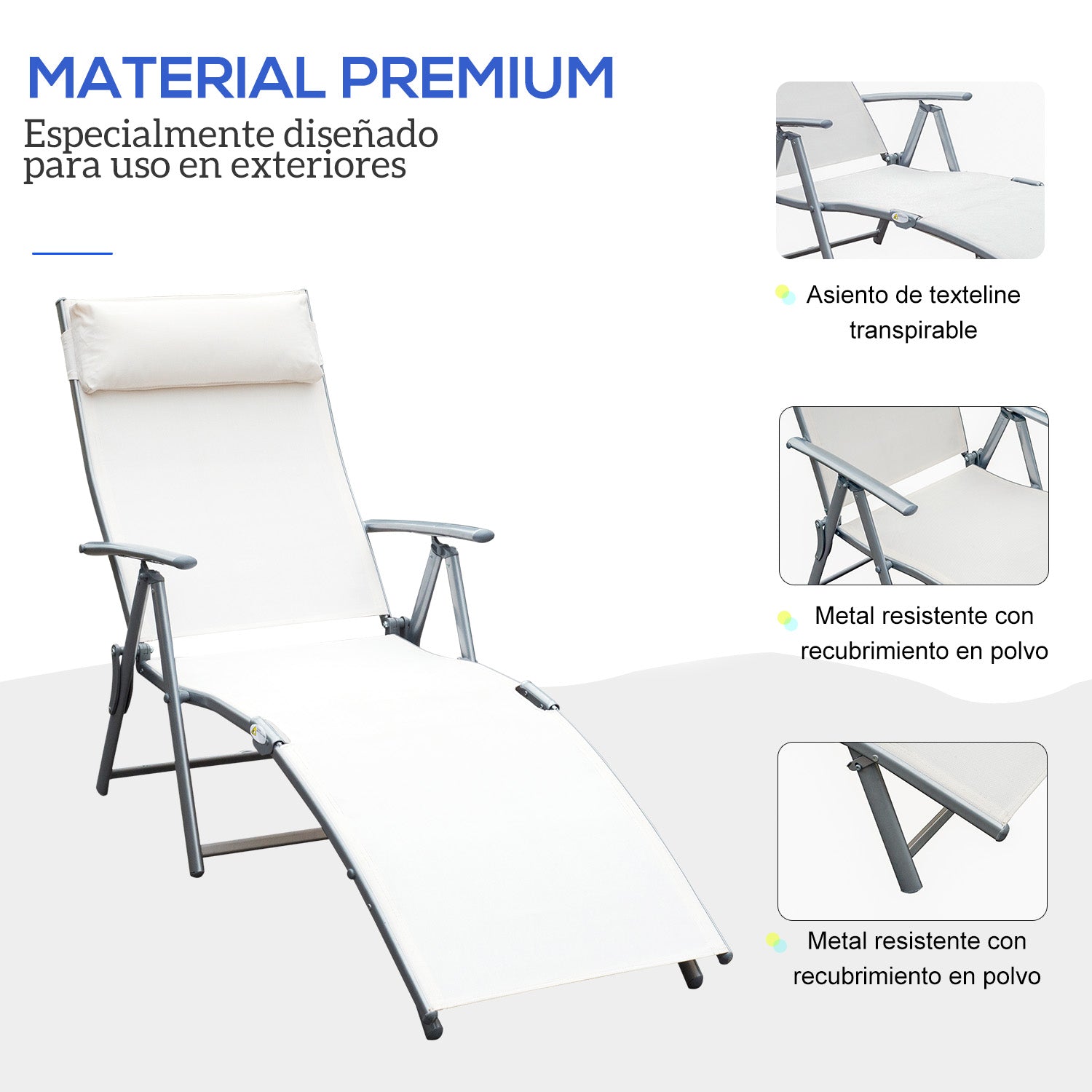 Outsunny Set de 2 Tumbonas Plegables de Jardín Exterior con Respaldo Ajustable Almohada y Reposabrazos Carga 165 kg para Piscina Terraza Camping 137x63,5x100,5 cm Beige