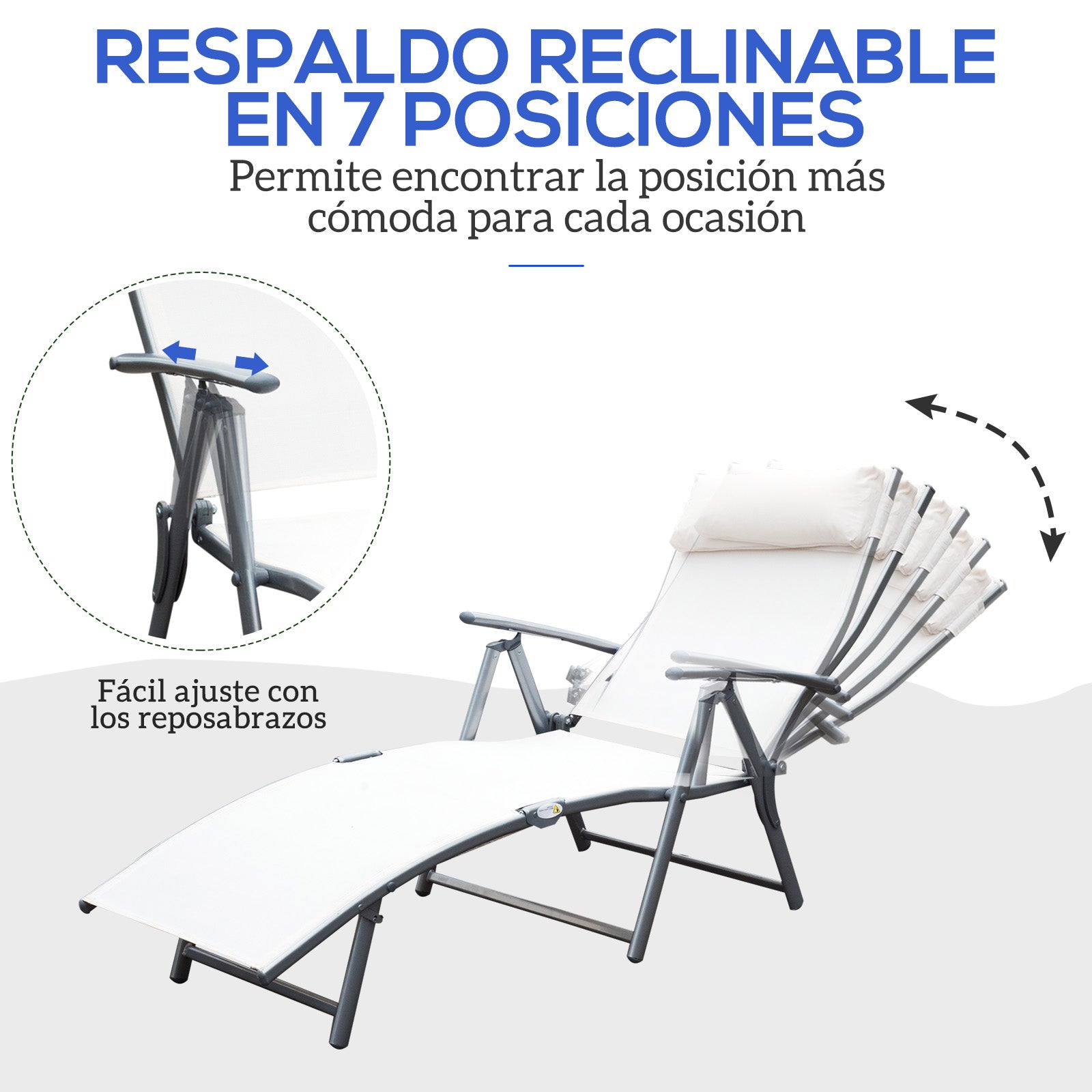 Outsunny Set de 2 Tumbonas Plegables de Jardín Exterior con Respaldo Ajustable Almohada y Reposabrazos Carga 165 kg para Piscina Terraza Camping 137x63,5x100,5 cm Beige