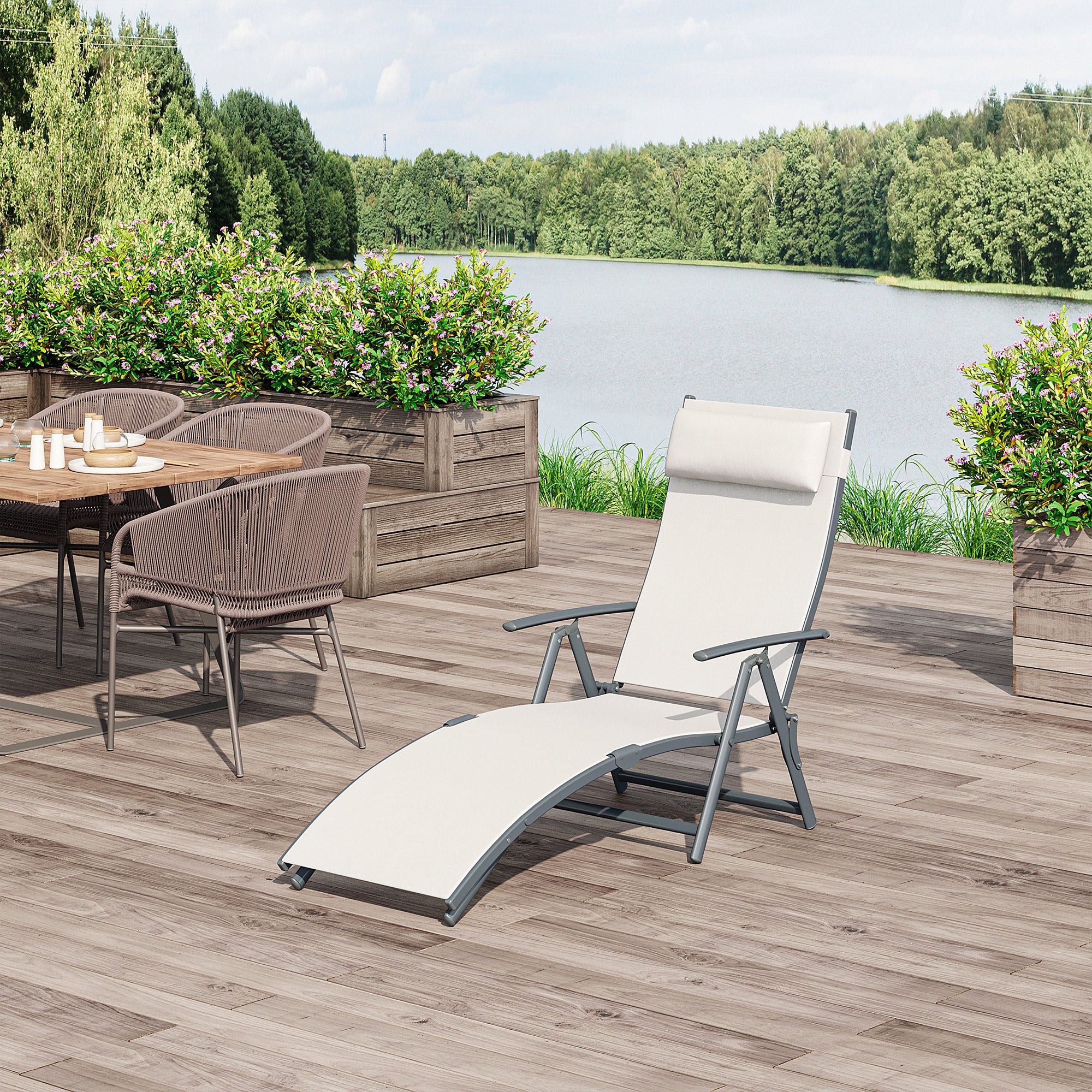 Outsunny Set de 2 Tumbonas Plegables de Jardín Exterior con Respaldo Ajustable Almohada y Reposabrazos Carga 165 kg para Piscina Terraza Camping 137x63,5x100,5 cm Beige