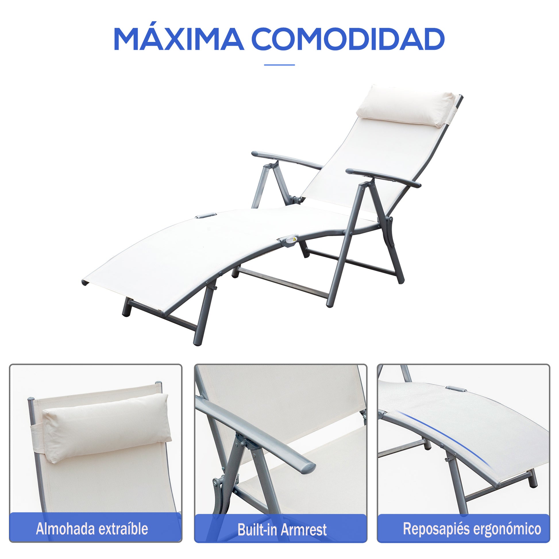 Outsunny Set de 2 Tumbonas Plegables de Jardín Exterior con Respaldo Ajustable Almohada y Reposabrazos Carga 165 kg para Piscina Terraza Camping 137x63,5x100,5 cm Beige